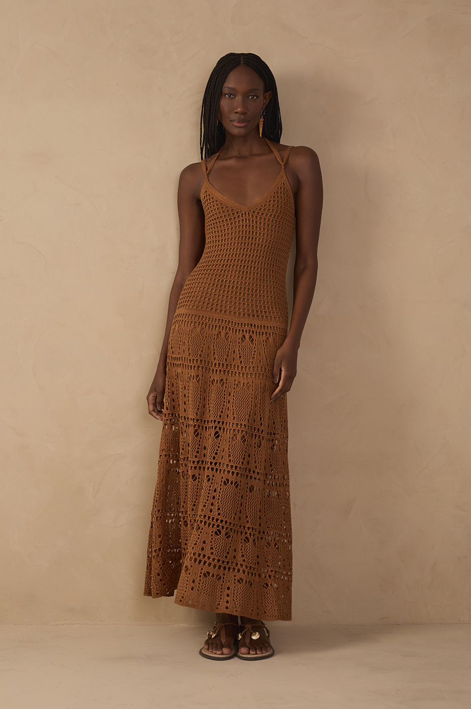Brown V Neck Open Tricot Maxi Dress_1