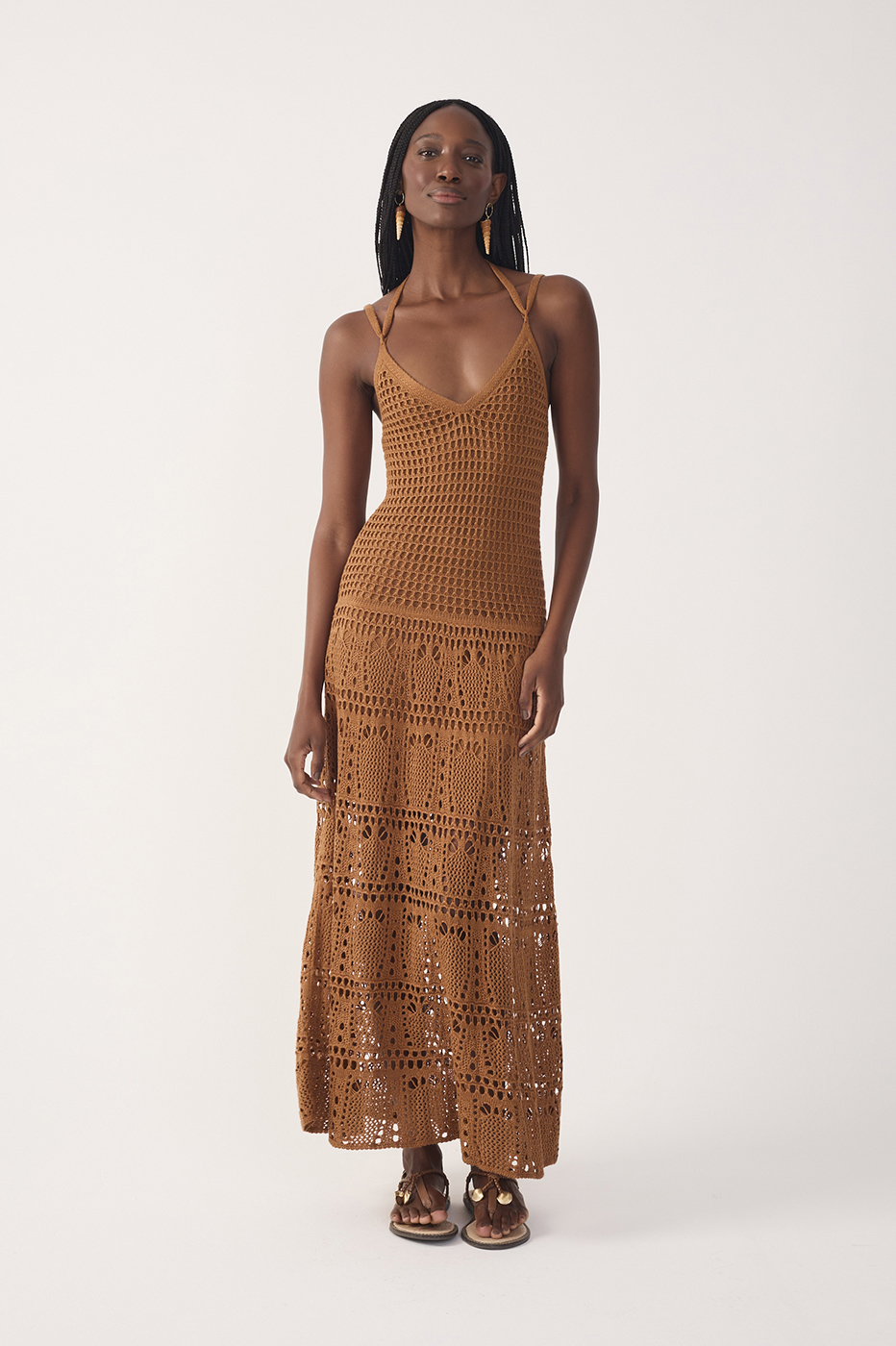 Brown V Neck Open Tricot Maxi Dress_2