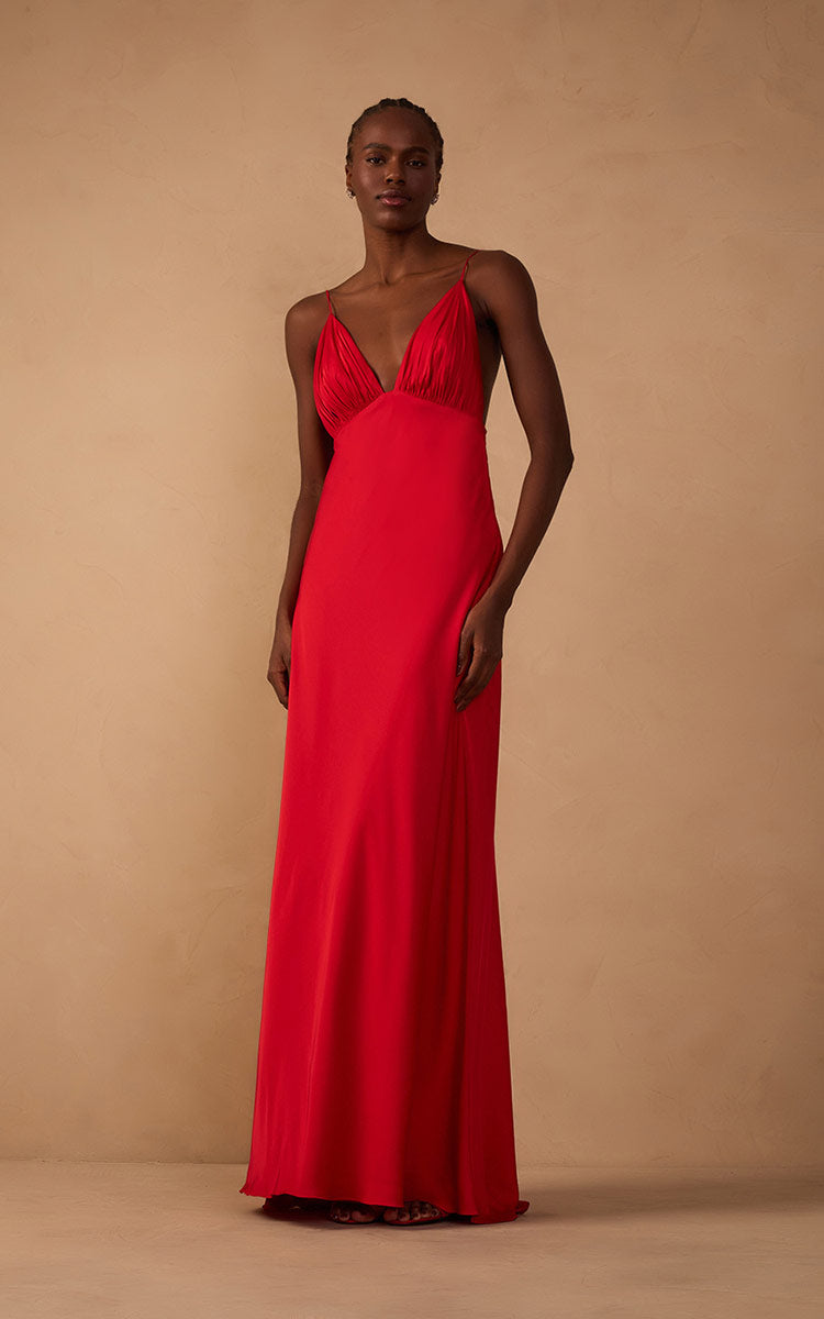 Sunset Red Draped Satin V-Neck Gown with Spaghetti Straps – Thati Amorim Collection_1