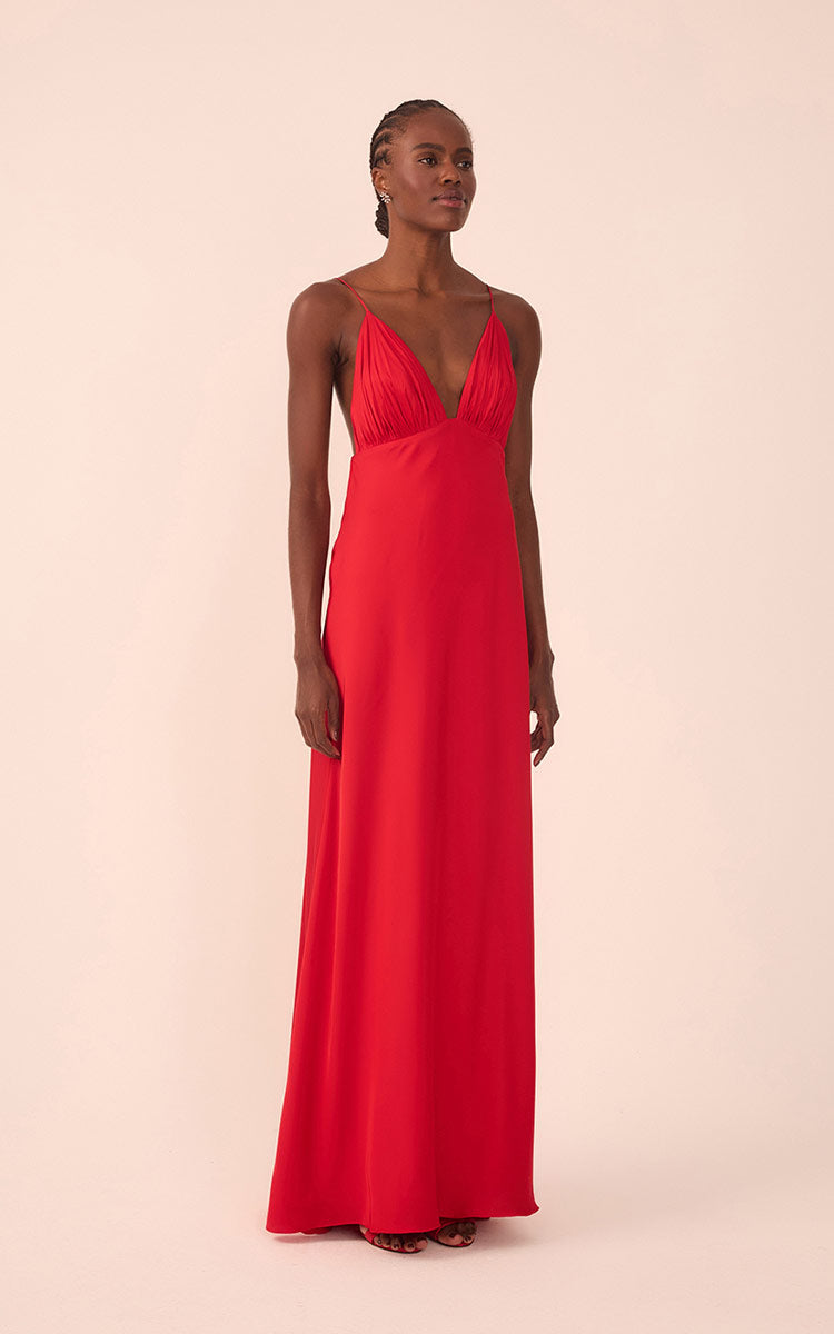 Sunset Red Draped Satin V-Neck Gown with Spaghetti Straps – Thati Amorim Collection_3