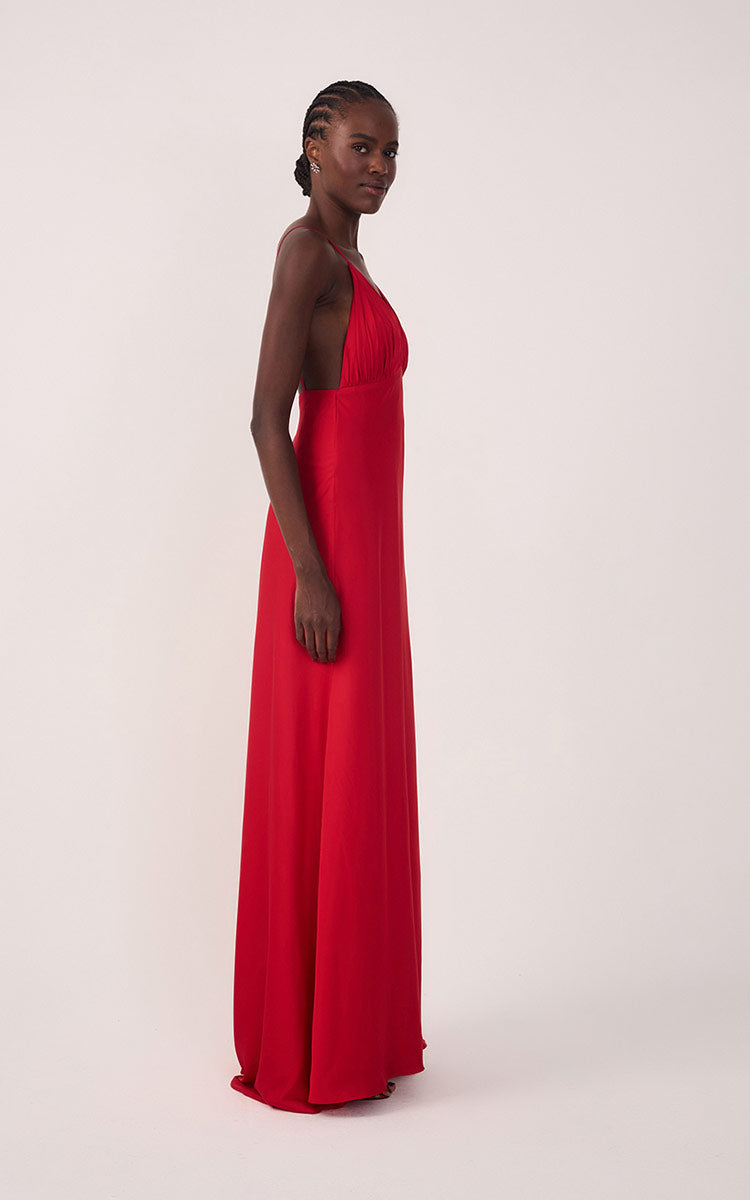Sunset Red Draped Satin V-Neck Gown with Spaghetti Straps – Thati Amorim Collection_4