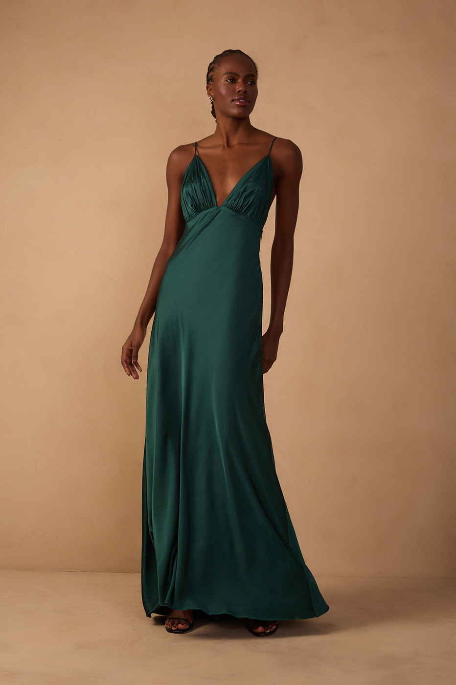 Pomar Green Draped Satin V-Neck Gown with Spaghetti Straps – Thati Amorim Collection_1