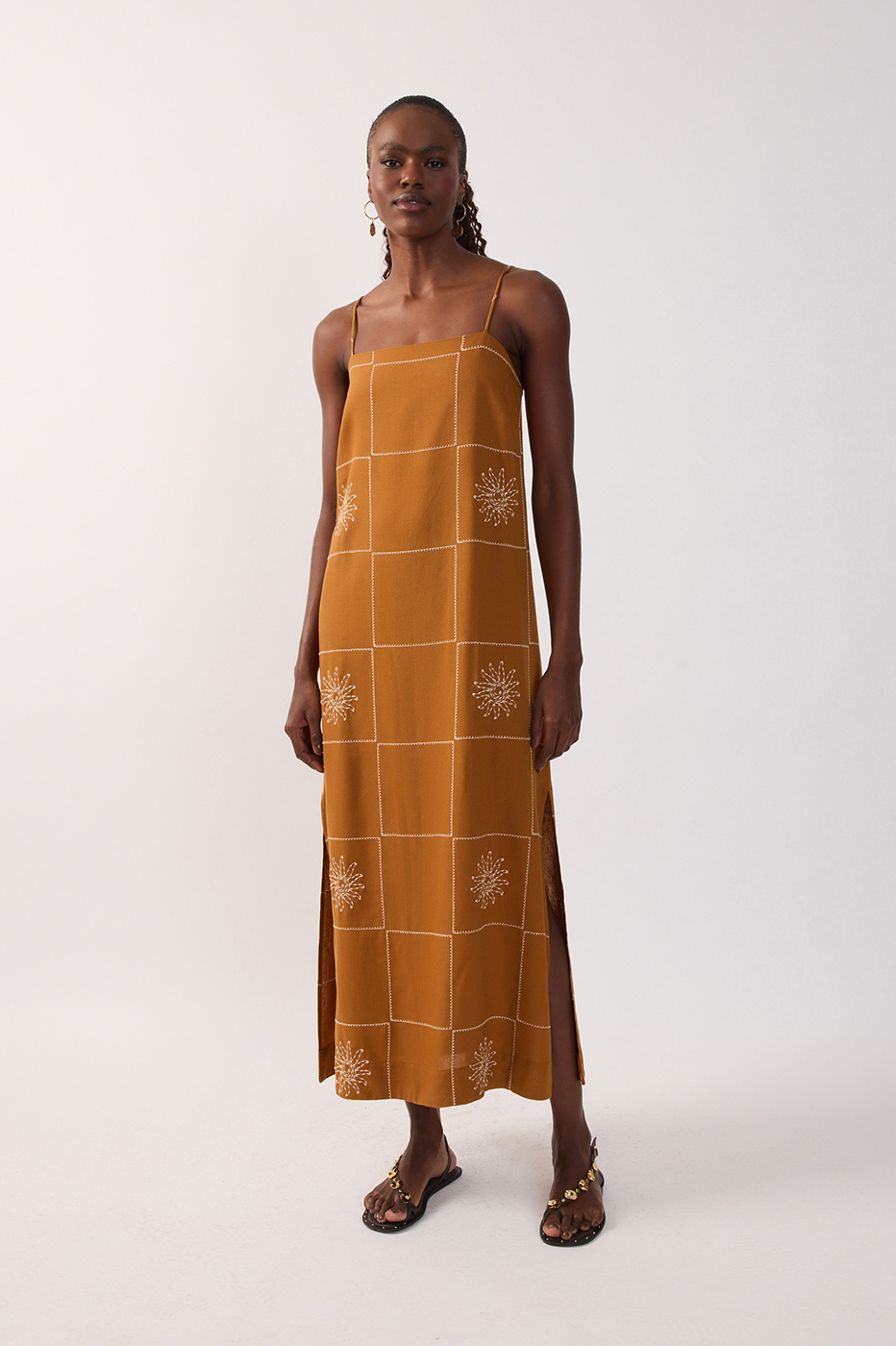Embroidered Sun Plaid Linen Maxi Dress_2