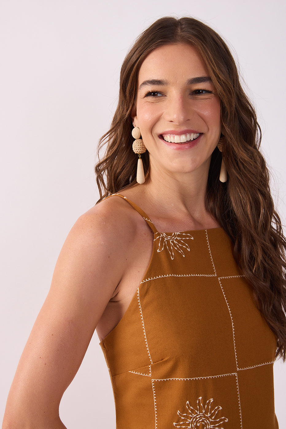 Brown Embroidered Sun Plaid Linen Mini Dress_5