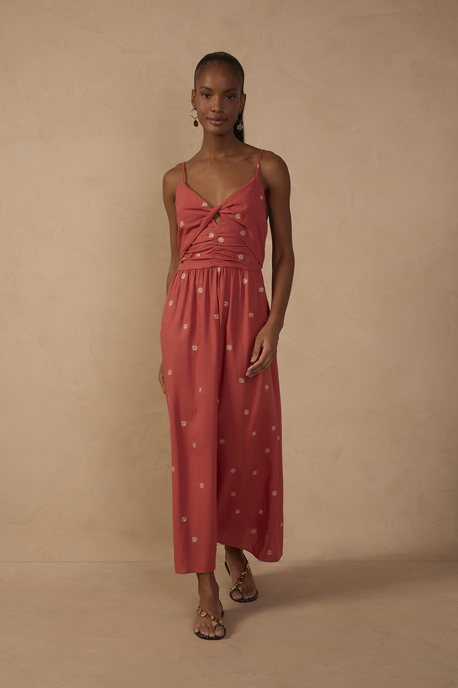 Brown Embroidered Linen Mini Dress_1