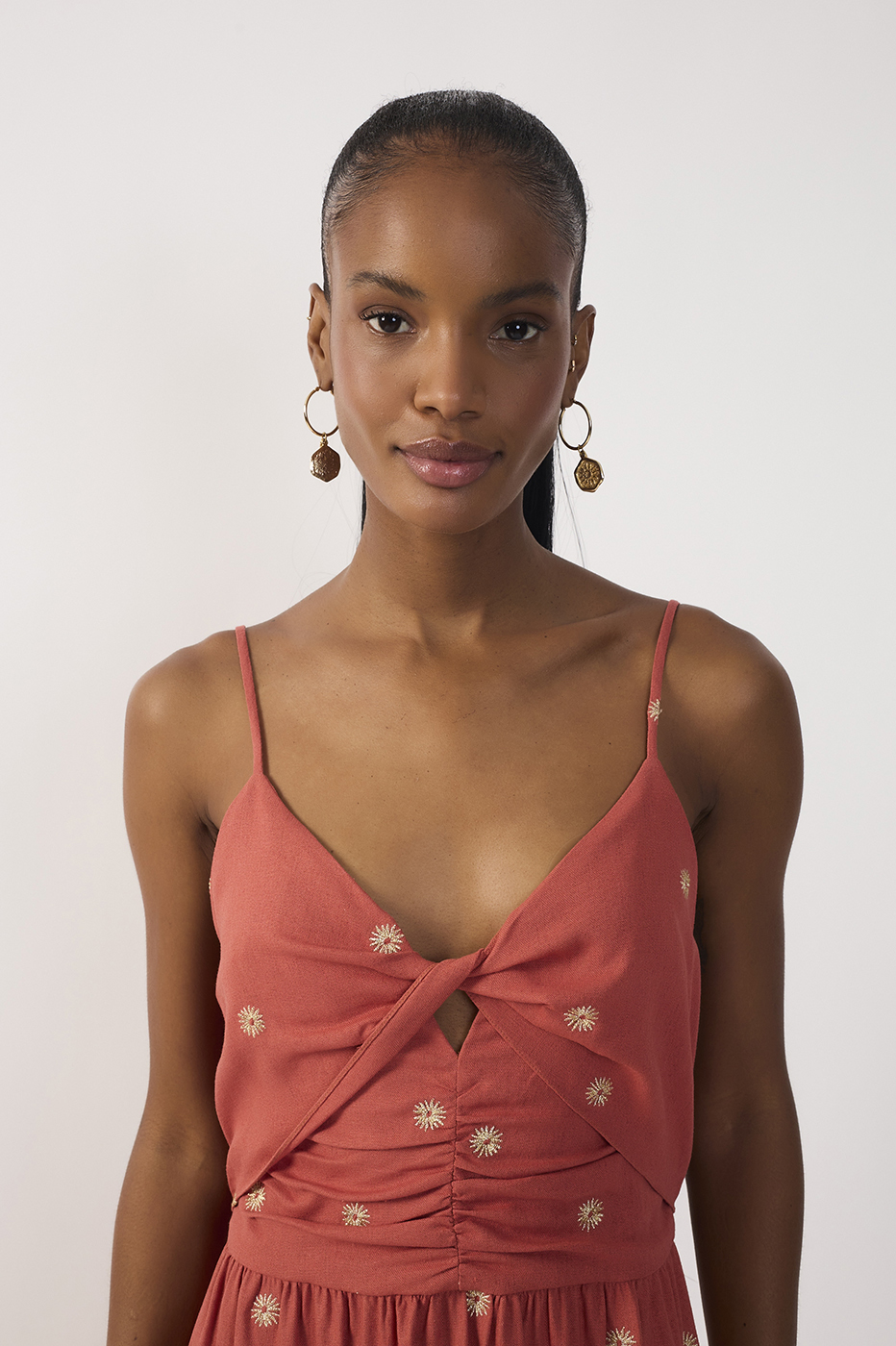 Brown Embroidered Linen Mini Dress_5