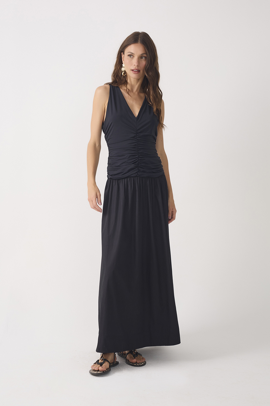 Black V Neck Ruched Waist Sleeveless Fluity Maxi Dress_2