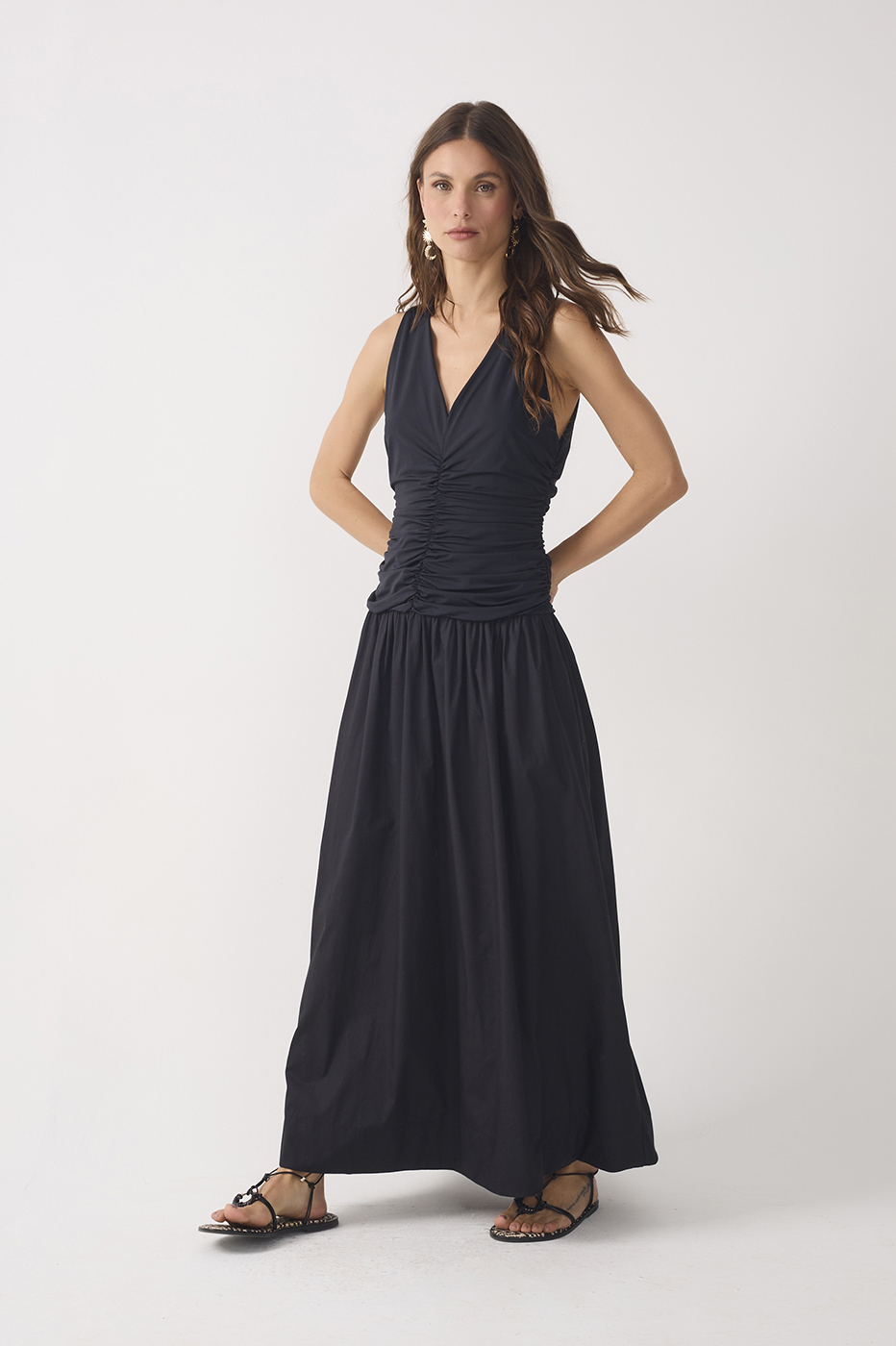 Black V Neck Ruched Waist Sleeveless Fluity Maxi Dress_3