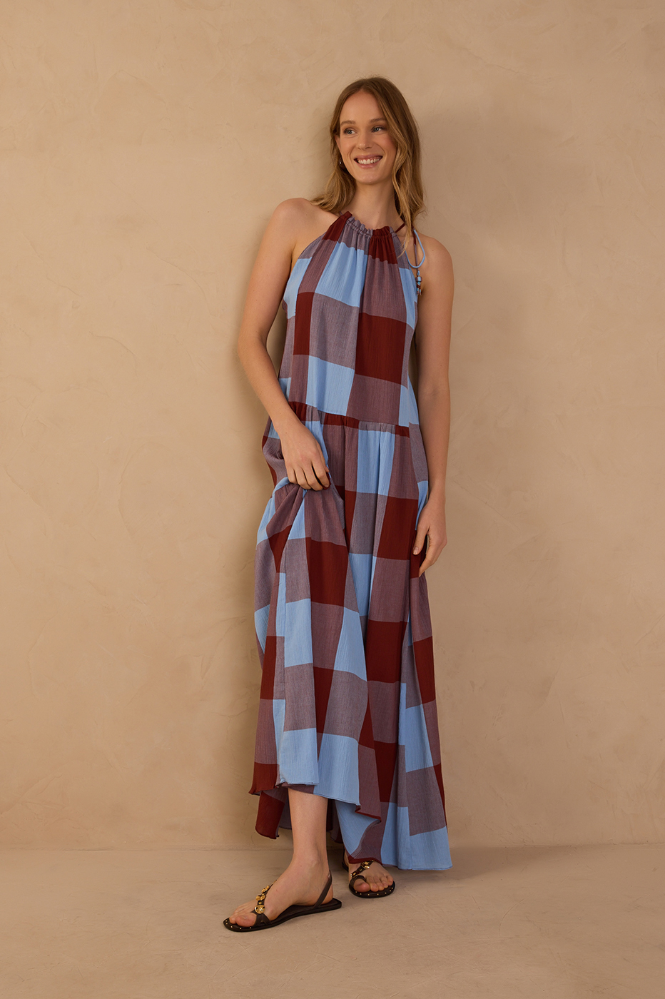 Brown Deserto Printed Collar Tie Cotton Dress_1