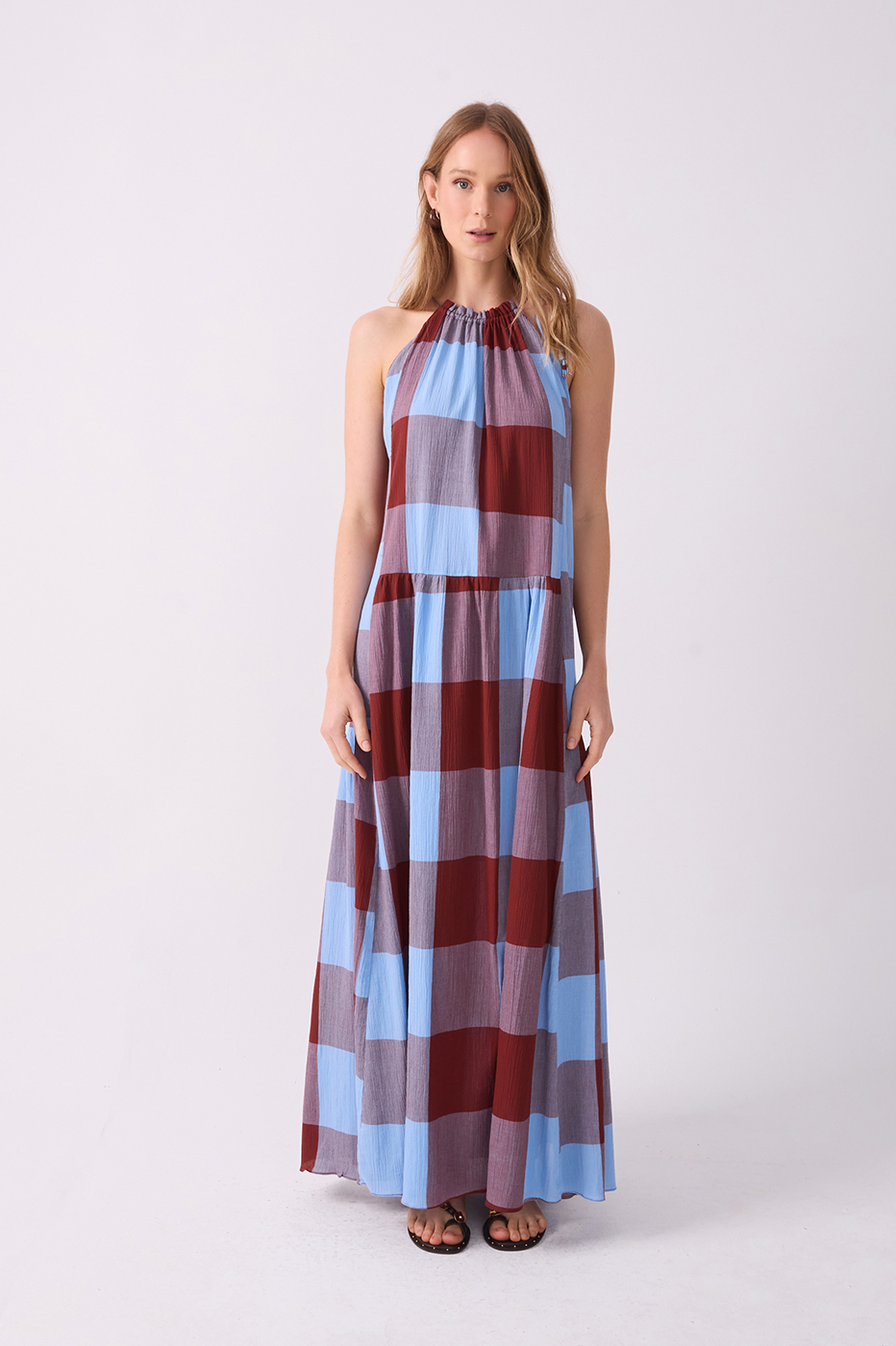 Marias Plaid Neck Ties Maxi Dress_2