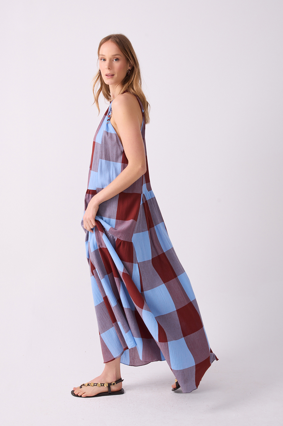 Brown Deserto Printed Collar Tie Cotton Dress_3