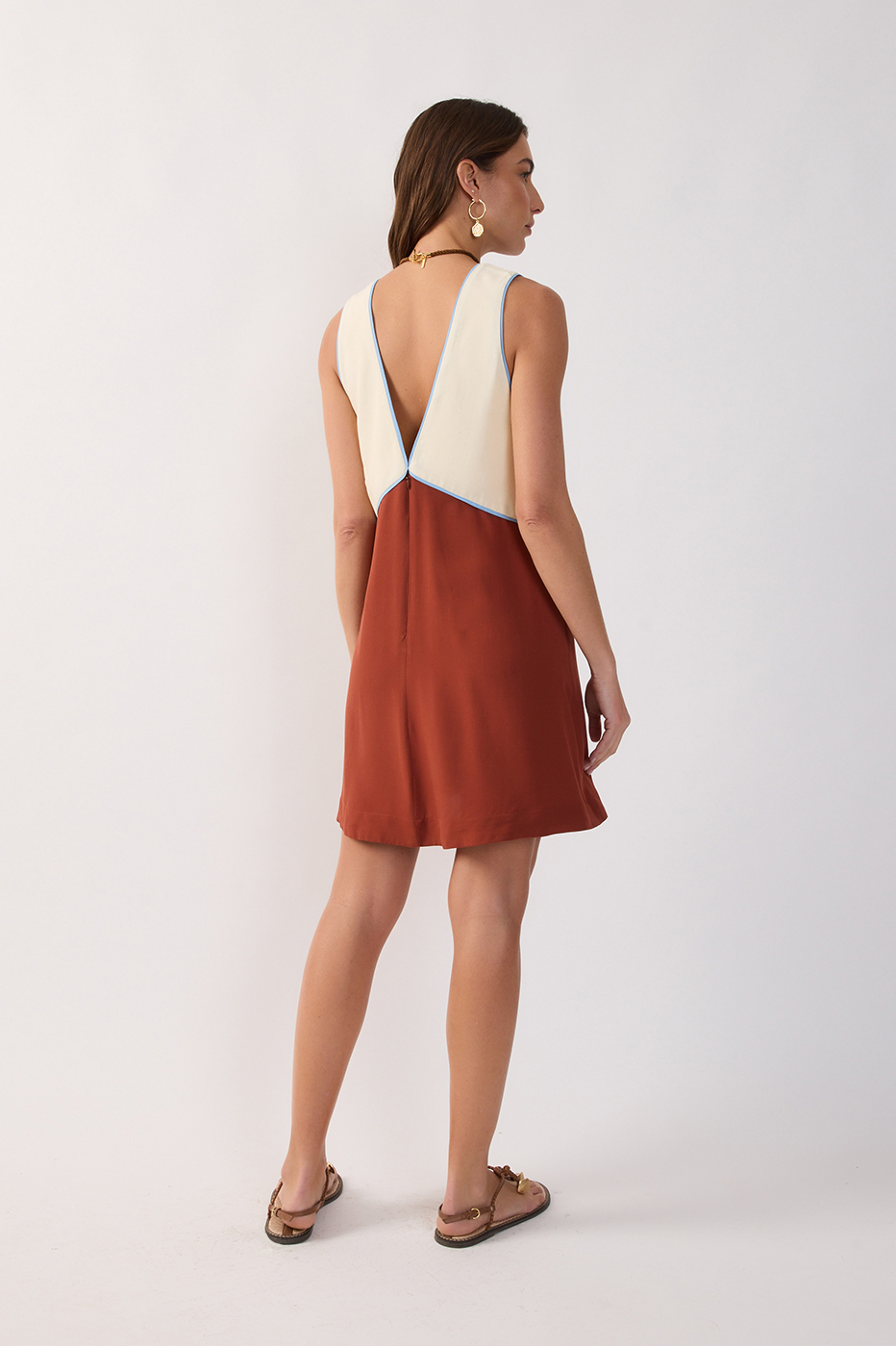 Brown V Neck Sleeveless Mini Dress_5