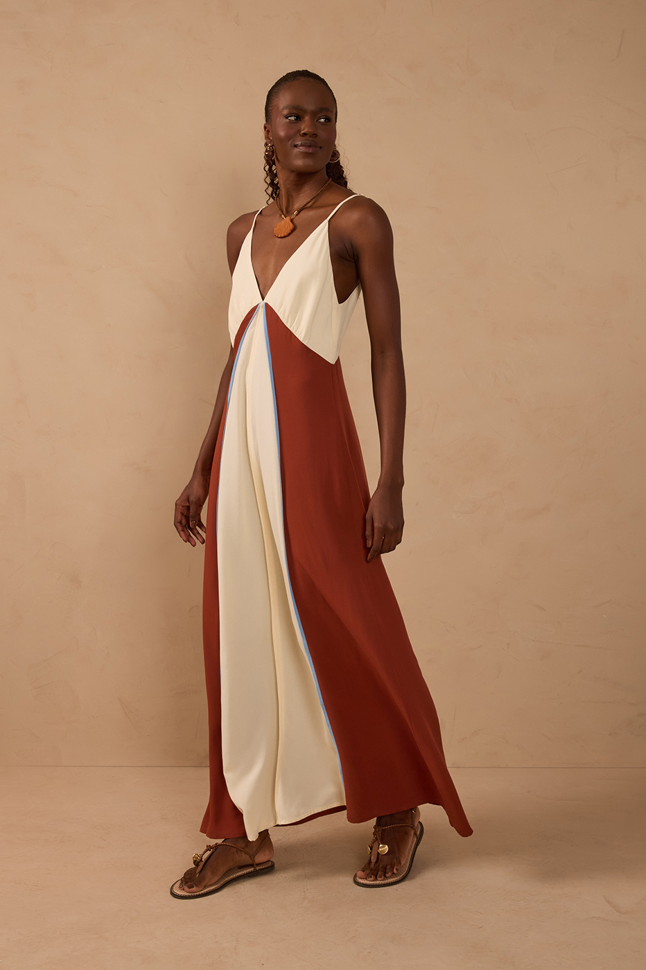 Brown Deserto Plunging Neck Sleeveless Maxi Dress_1