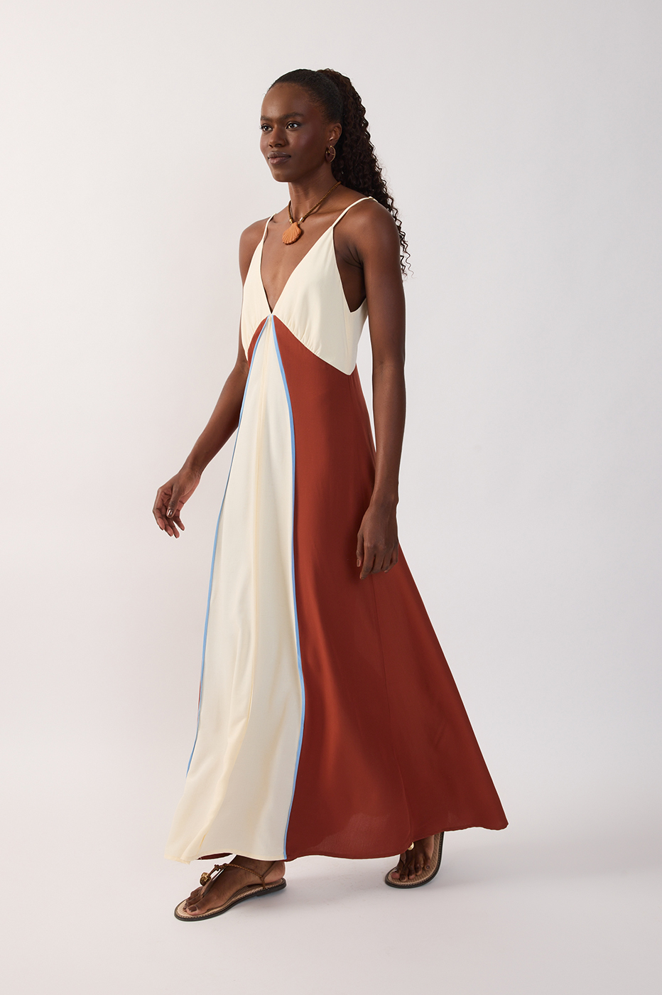Brown Deserto Plunging Neck Sleeveless Maxi Dress_3