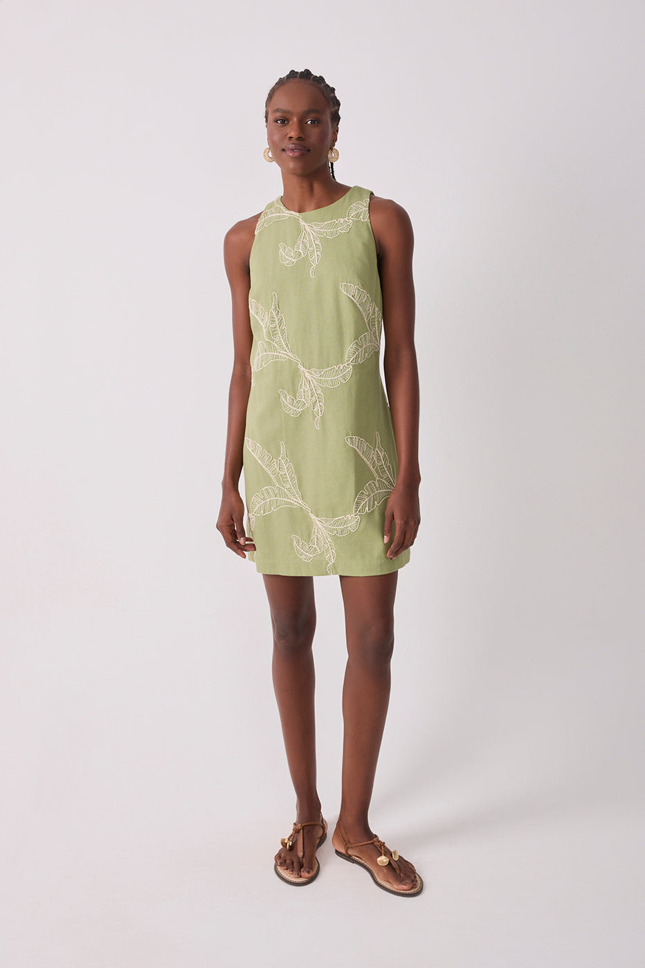 Short Linen Leaf Embroidery Dress_2