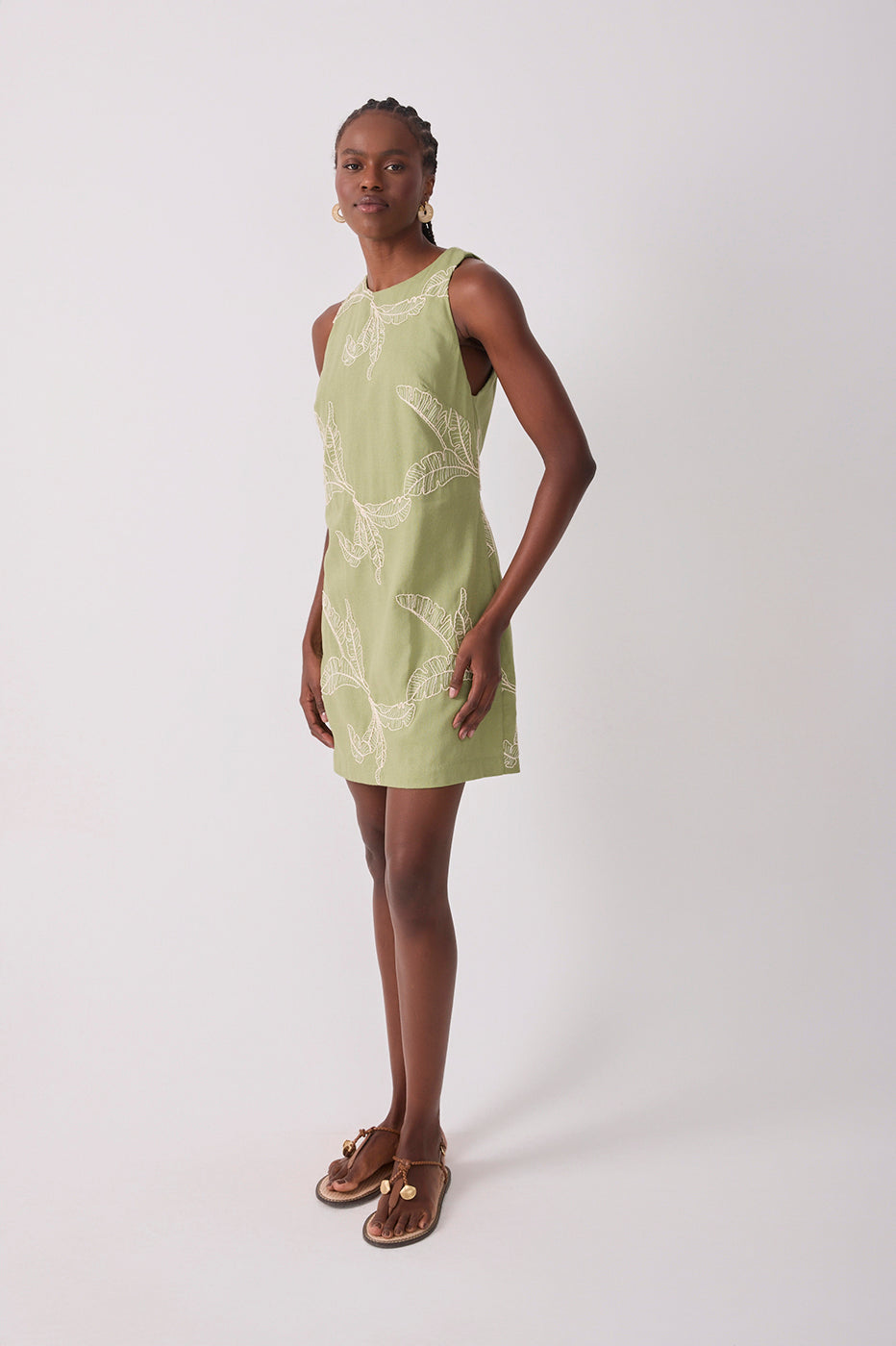 Short Linen Leaf Embroidery Dress_3