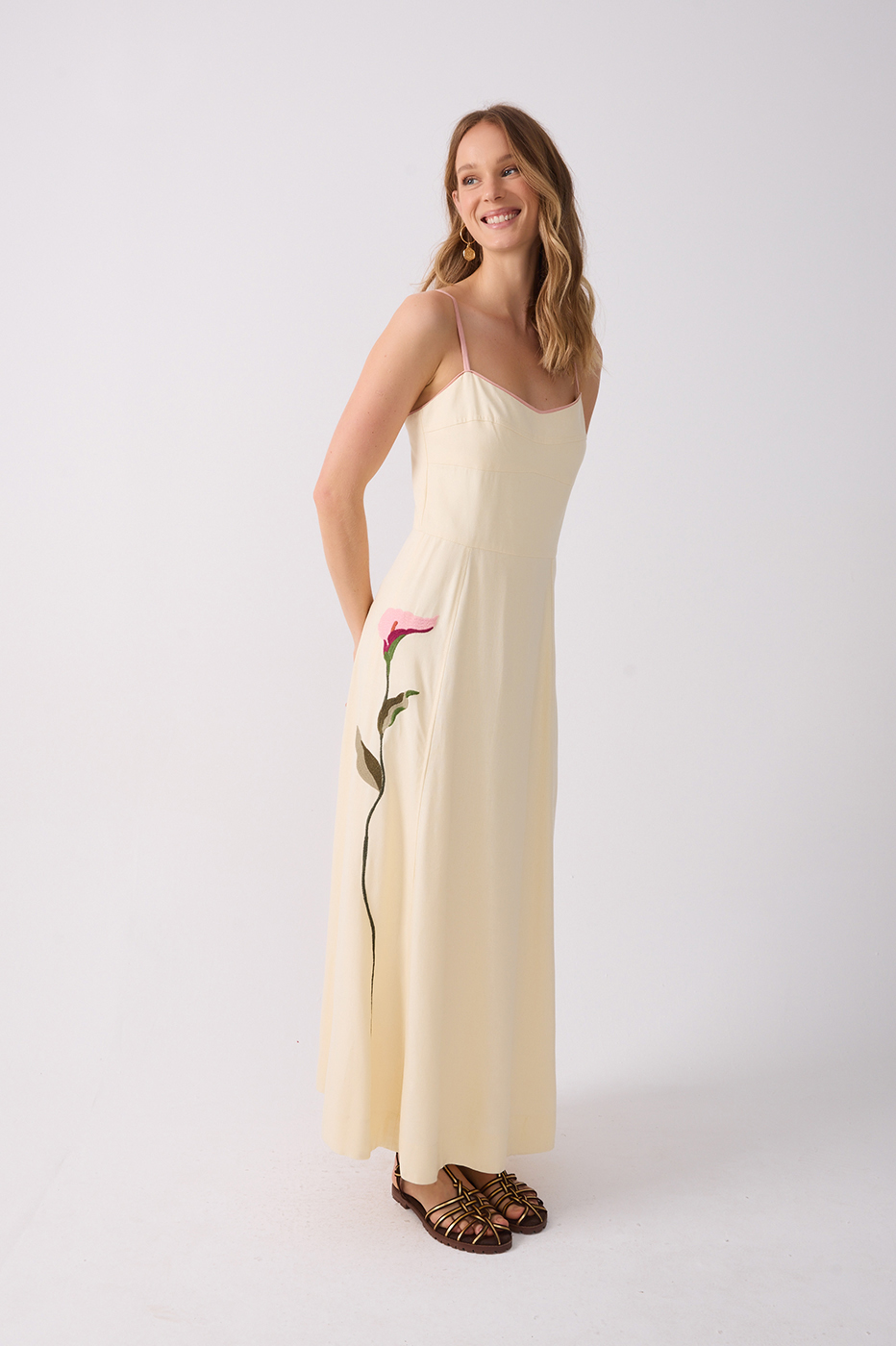 Off-white Embroidered Flora Sleeveless Linen Maxi Dress_2