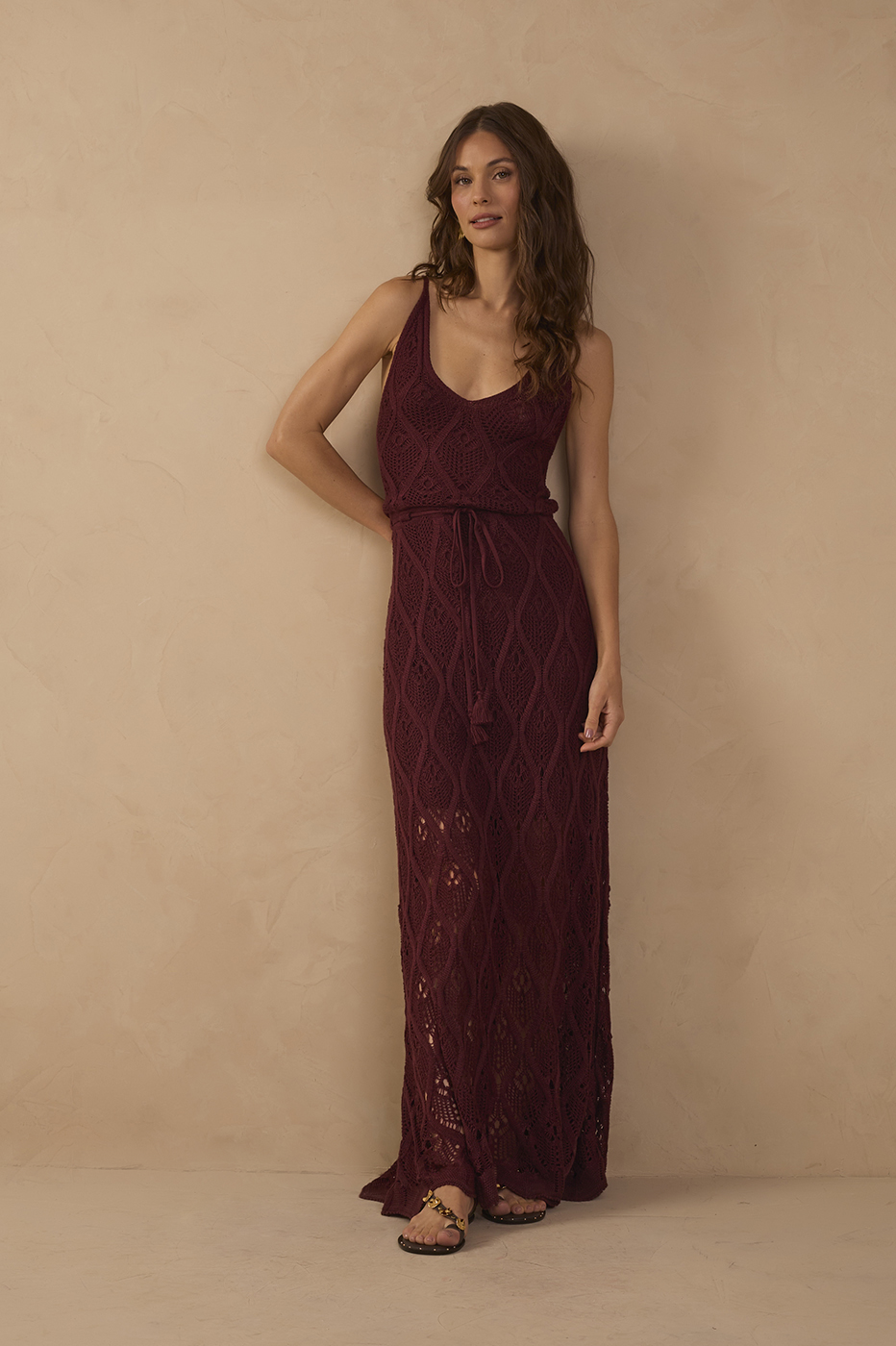 Wine Outono Front Ties Lined Sleeveless Tricot Maxi Dress_1