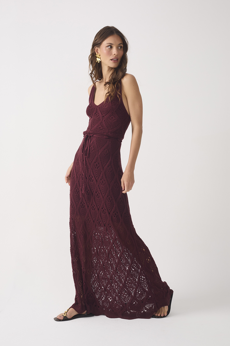 Wine Outono Front Ties Lined Sleeveless Tricot Maxi Dress_3