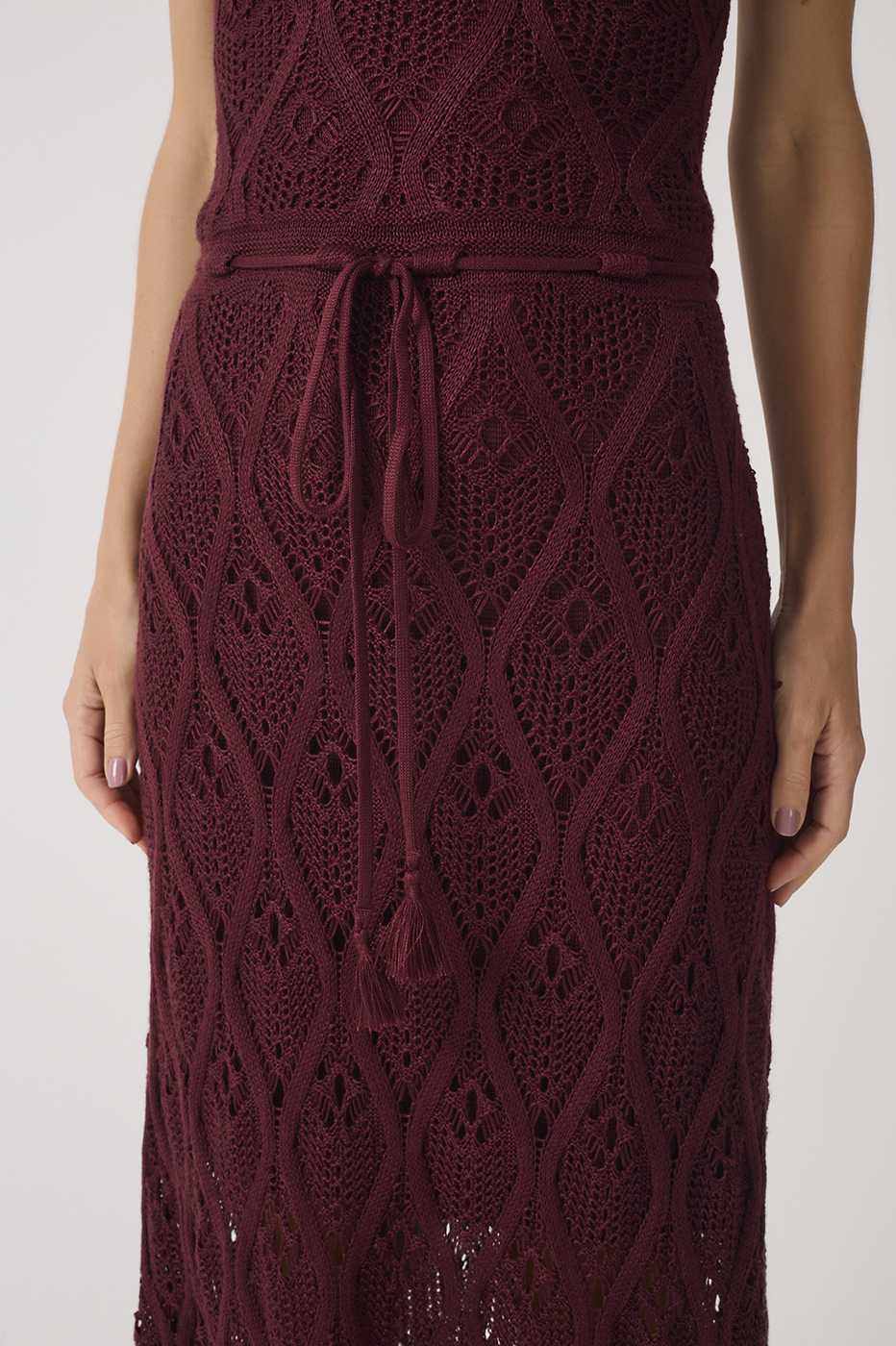 Wine Outono Front Ties Lined Sleeveless Tricot Maxi Dress_5