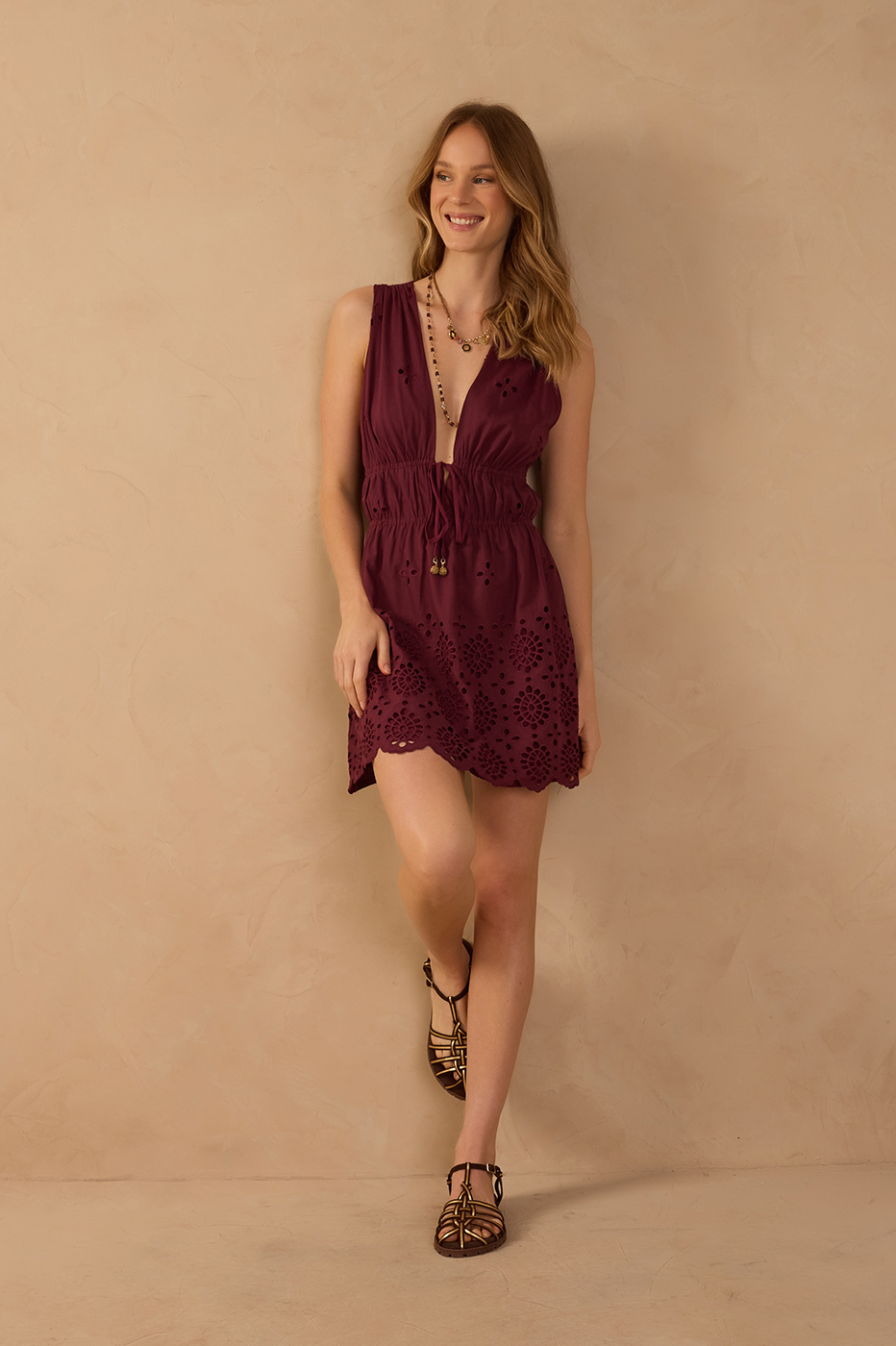 Cut-out Drawstring Sleeveless Cotton Mini Dress_1