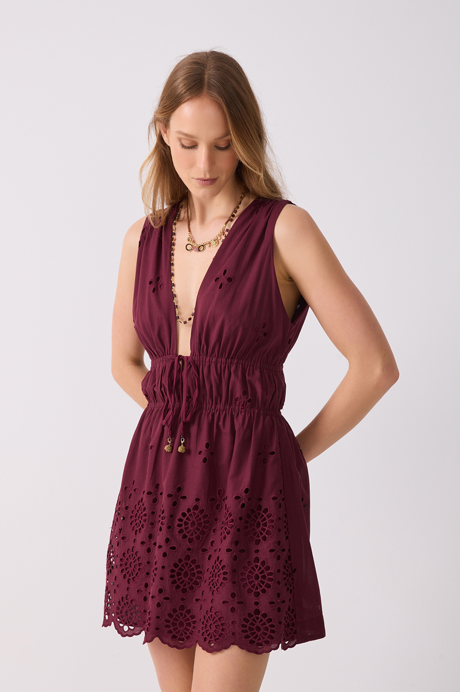 Cut-out Drawstring Sleeveless Cotton Mini Dress_4
