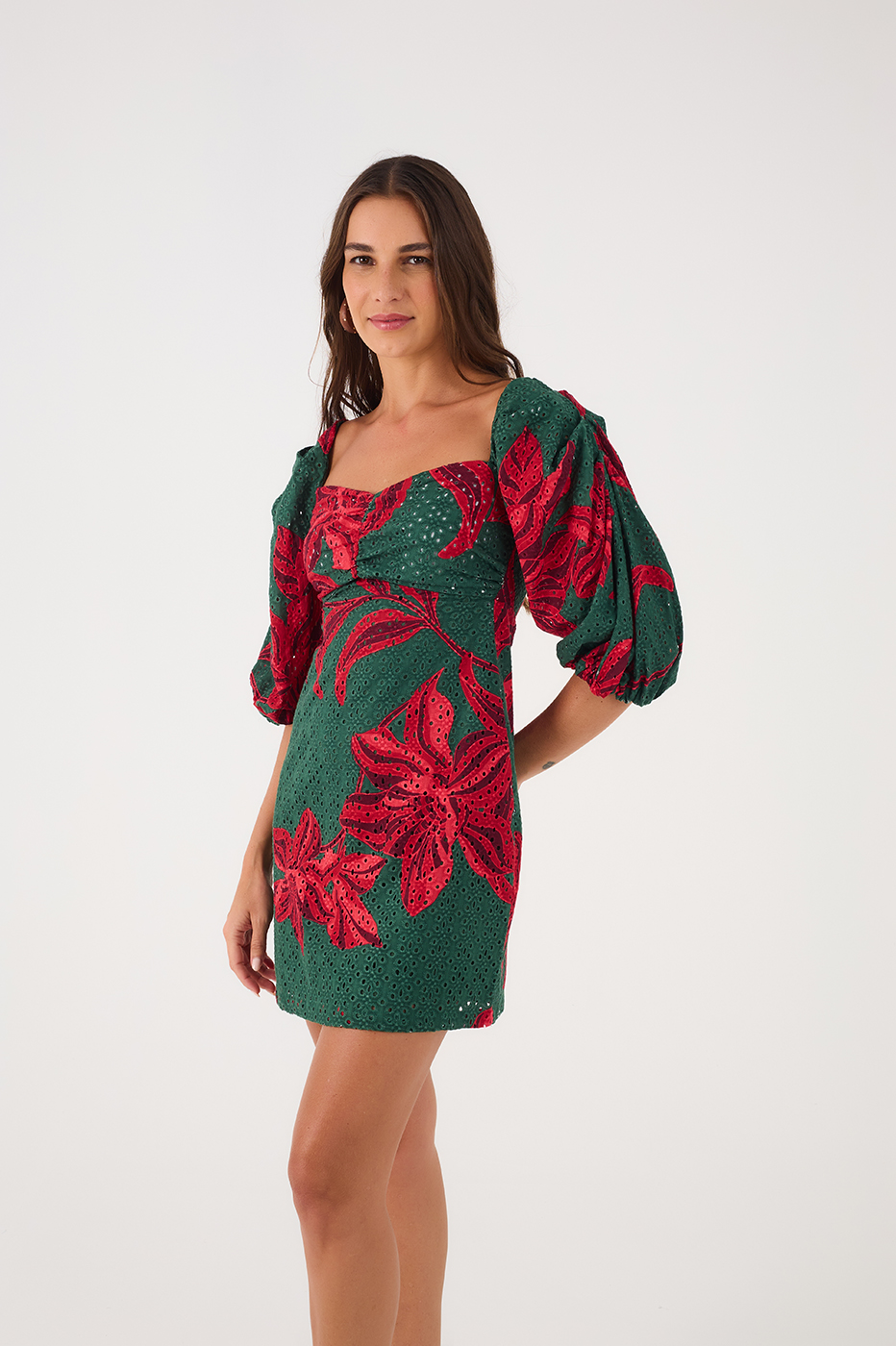 Green Botanico Puff Sleeve Smocked Bodice Eyelet Mini Dress_2