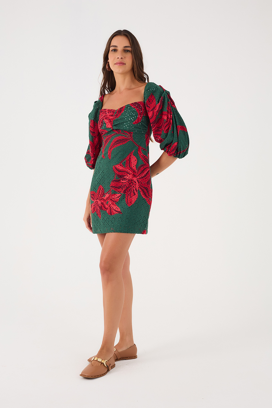 Green Botanico Puff Sleeve Smocked Bodice Eyelet Mini Dress_3