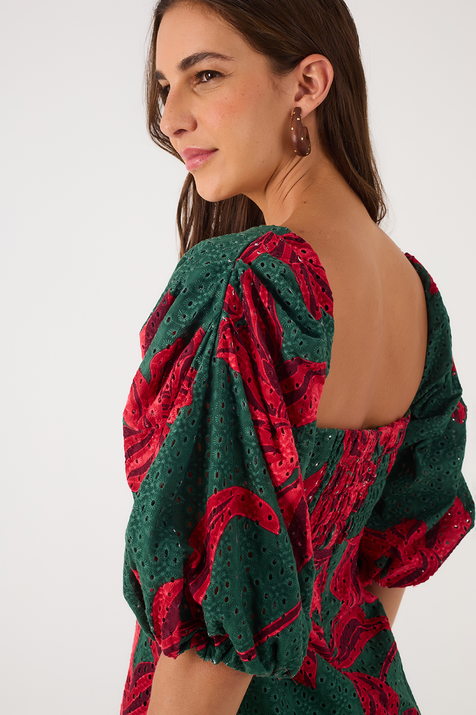 Green Botanico Puff Sleeve Smocked Bodice Eyelet Mini Dress_5