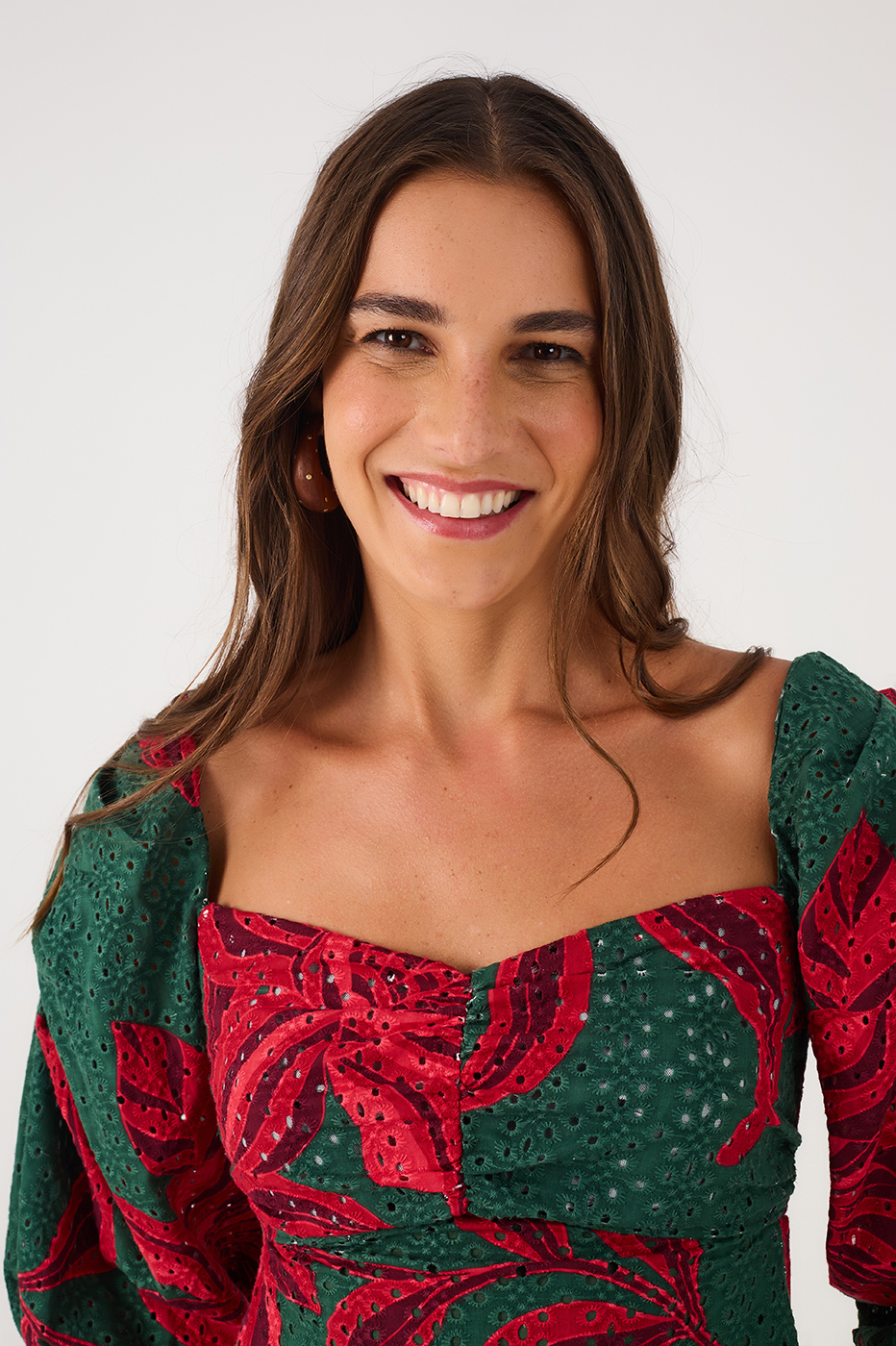 Green Botanico Puff Sleeve Smocked Bodice Eyelet Mini Dress_6