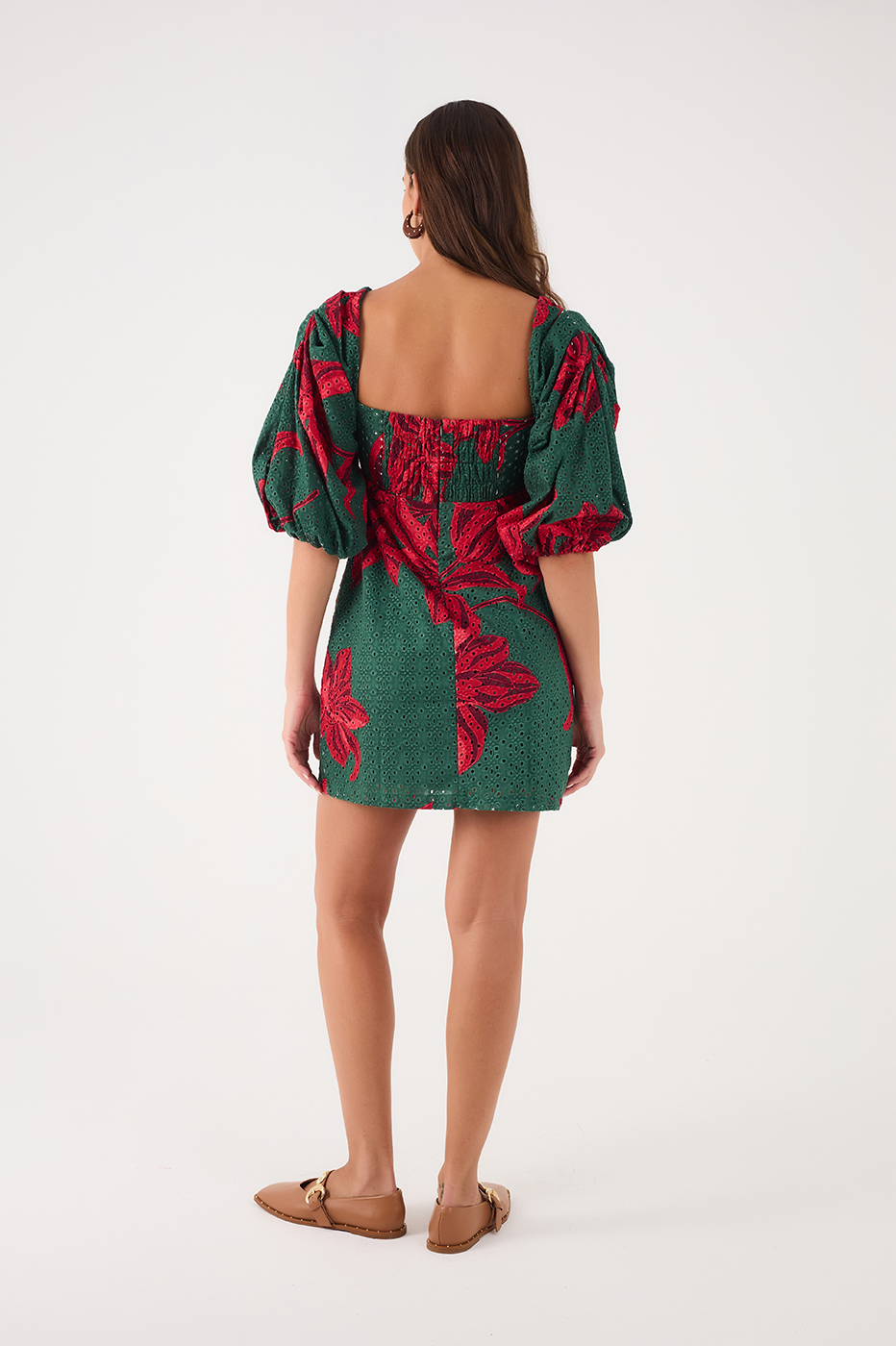 Green Botanico Puff Sleeve Smocked Bodice Eyelet Mini Dress_7