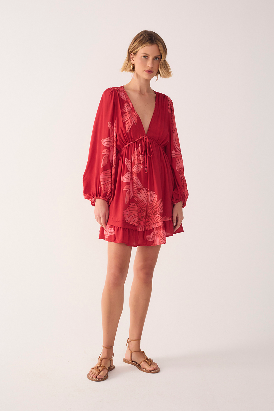 Red Orchid Plunging Neck Drawstring Waist Mini Dress_2