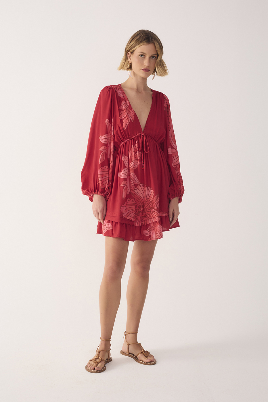 Red Orchid Plunging Neck Drawstring Waist Mini Dress_2