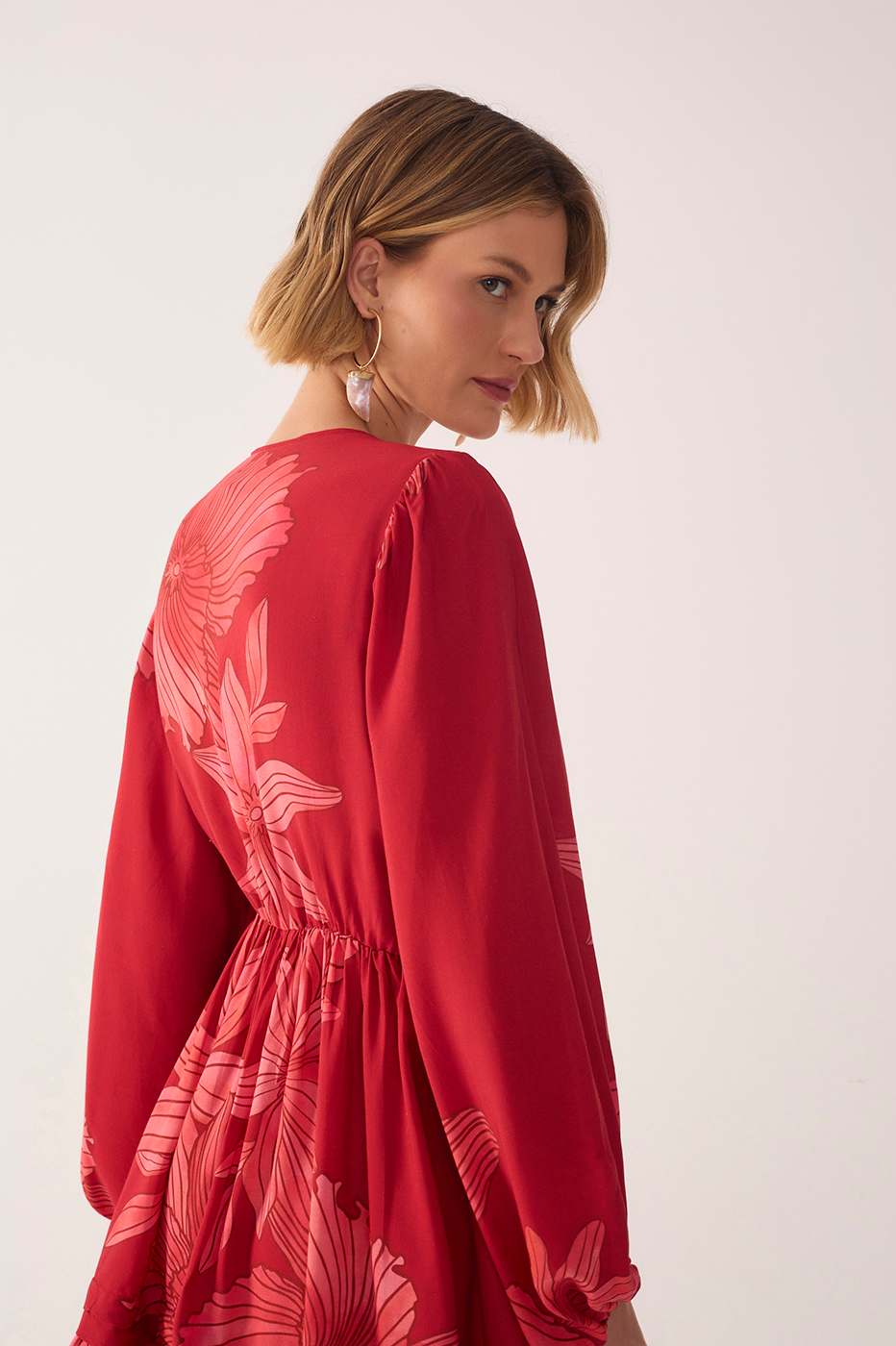 Red Orchid Plunging Neck Drawstring Waist Mini Dress_5