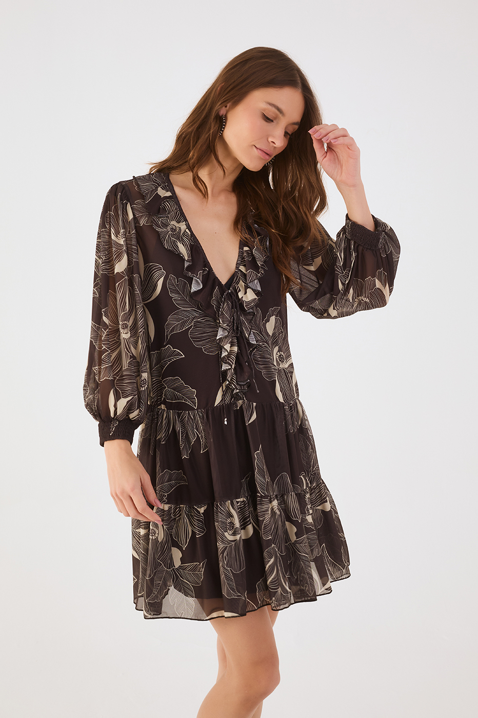 Brown Flora V Neck Ties Ruffle Tulle Mini Dress_3