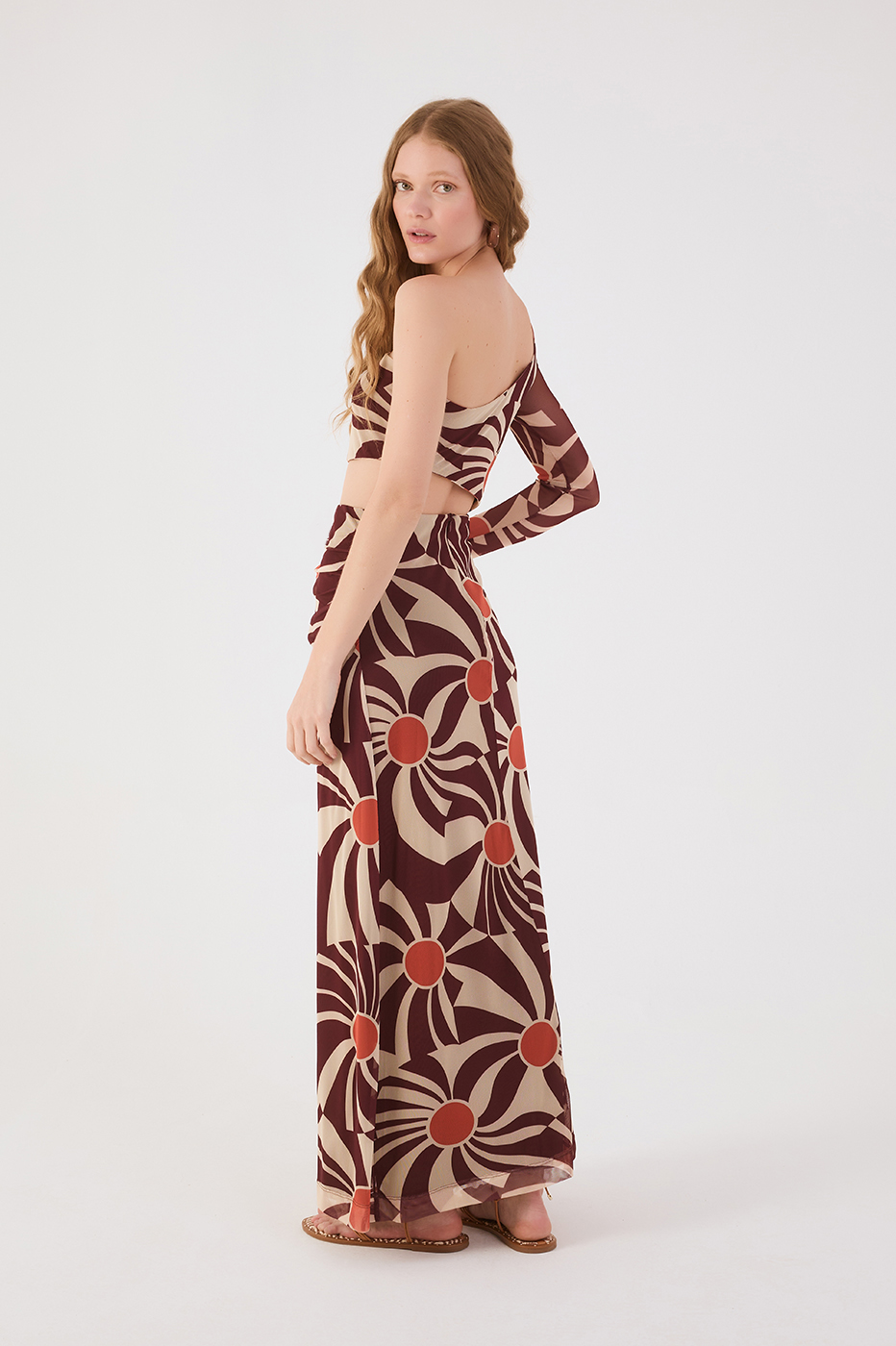 Brown Sunset Cut-Out One-Shoulder Tulle Maxi Dress