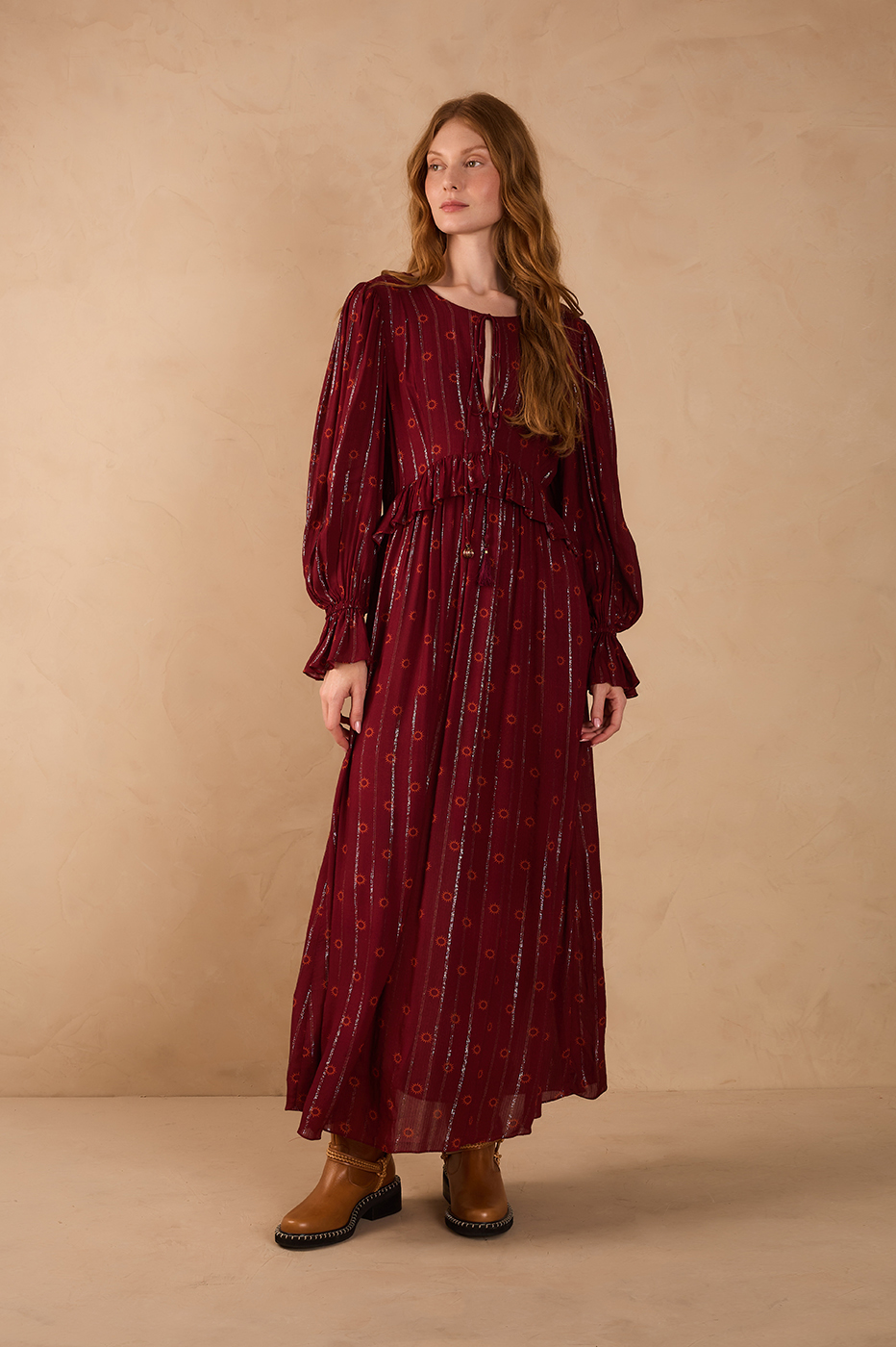 Marsala Solar Boho Lurex Front Ties Ruffle Maxi Dress