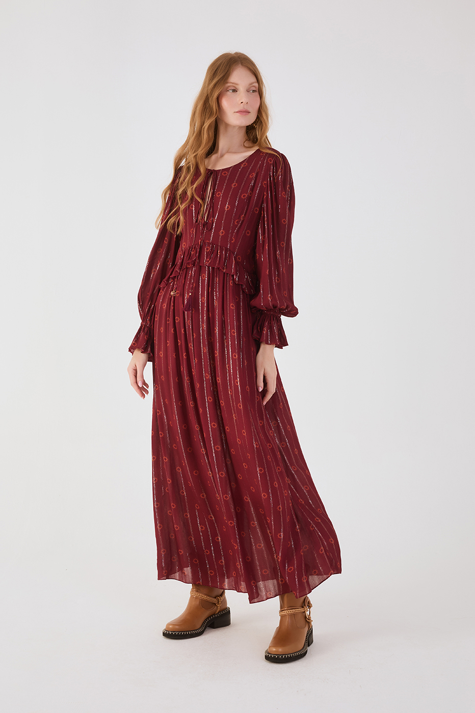 Marsala Solar Boho Lurex Front Ties Ruffle Maxi Dress