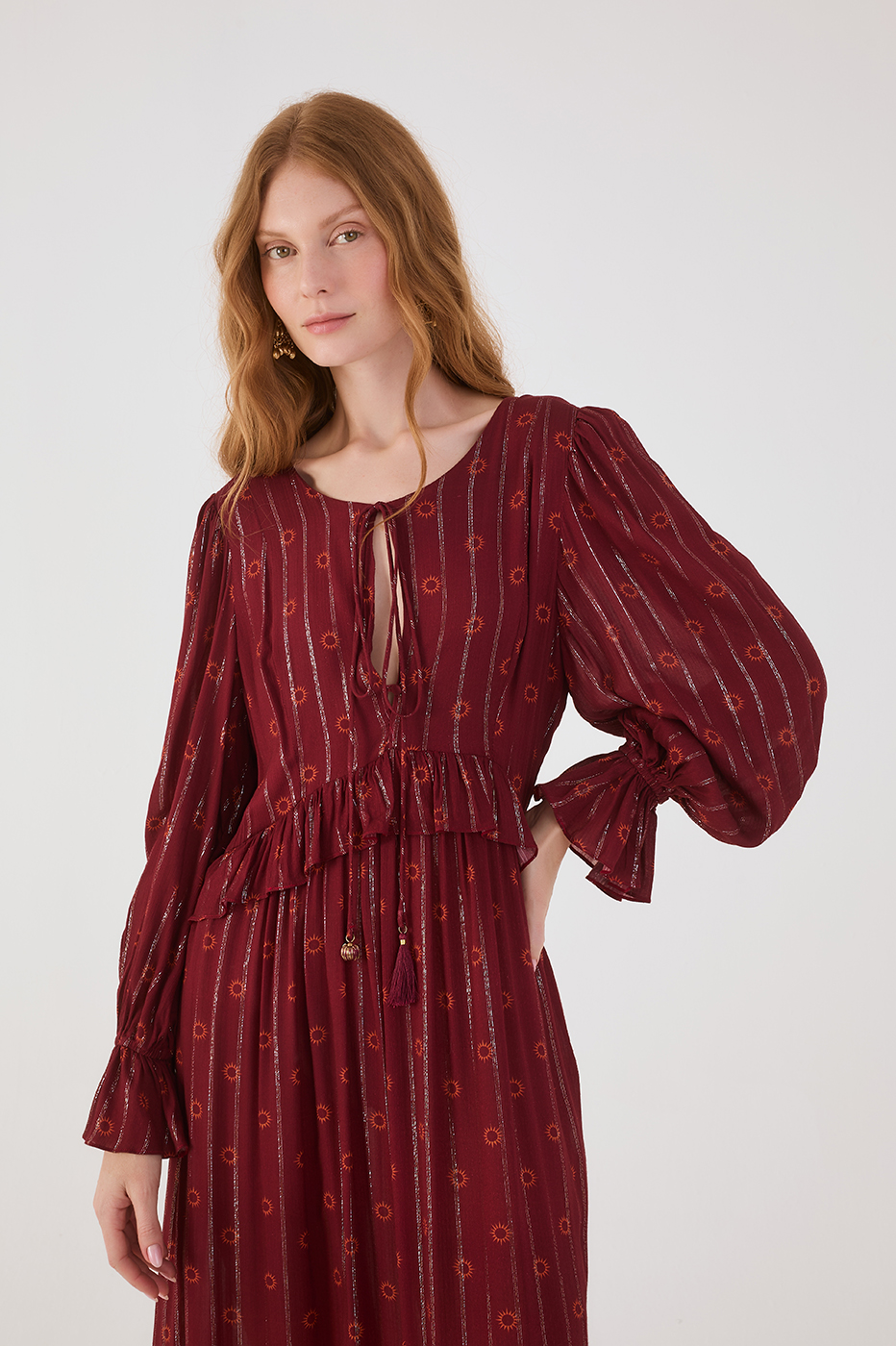 Marsala Solar Boho Lurex Front Ties Ruffle Maxi Dress_3