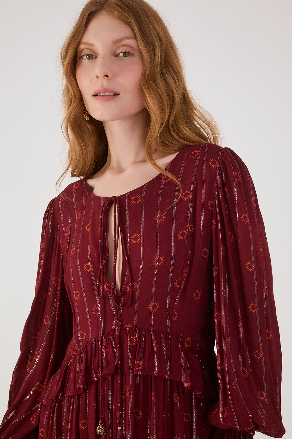 Marsala Solar Boho Lurex Front Ties Ruffle Maxi Dress_4