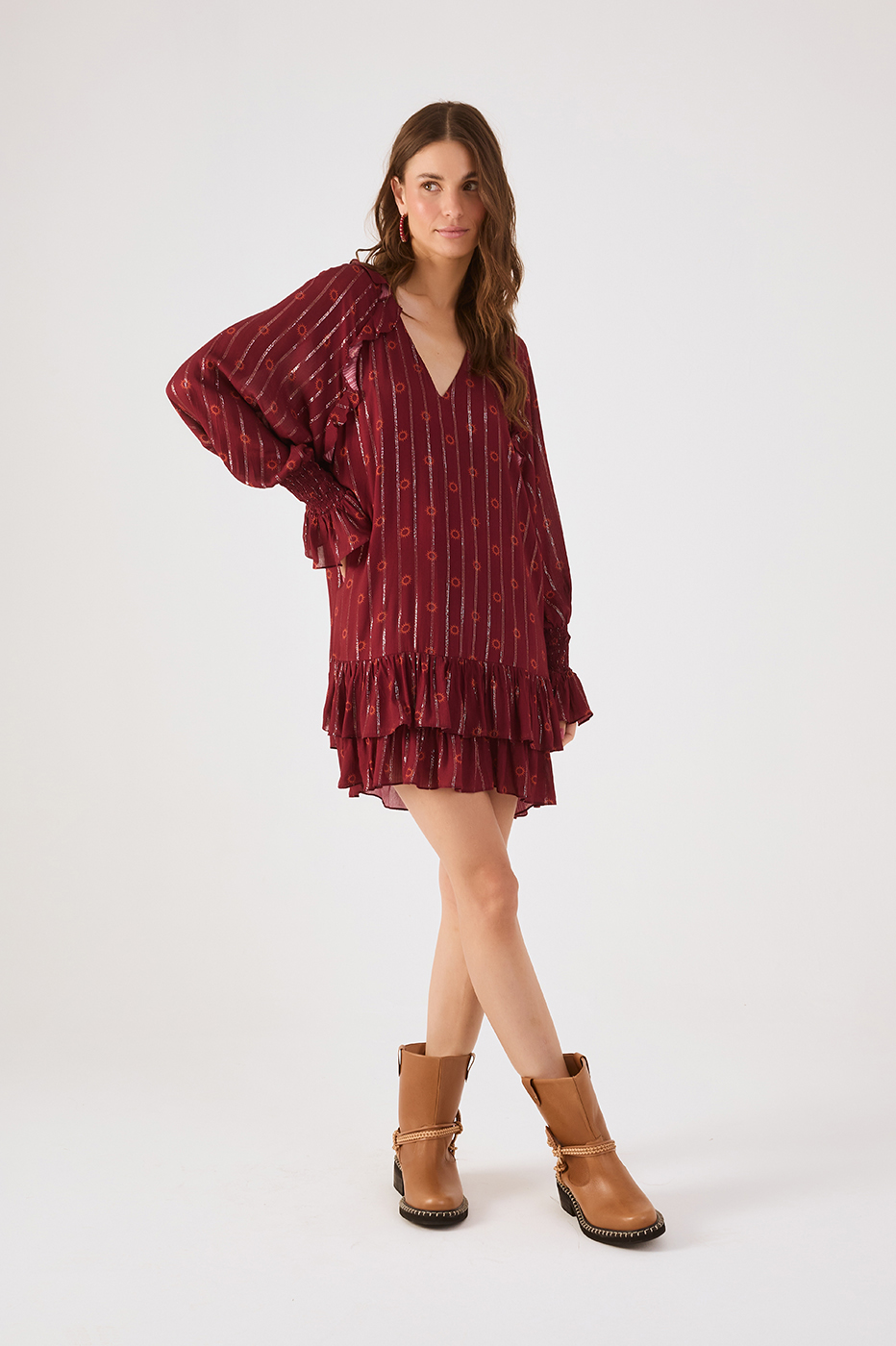 Marsala Solar Lurex V Neck Smocked Cuffs Mini Dress_2