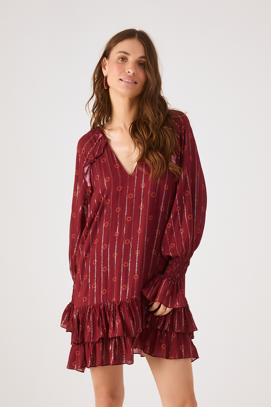 Marsala Solar Lurex V Neck Smocked Cuffs Mini Dress_3