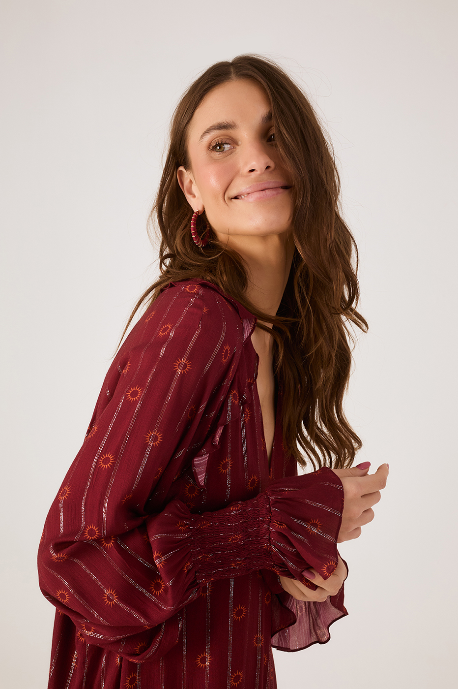 Marsala Solar Lurex V Neck Smocked Cuffs Mini Dress_5