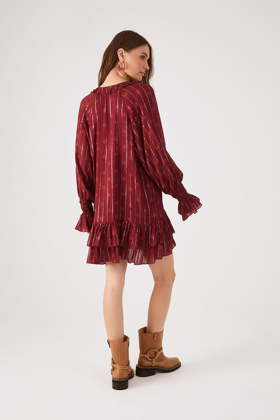 Marsala Solar Lurex V Neck Smocked Cuffs Mini Dress_6