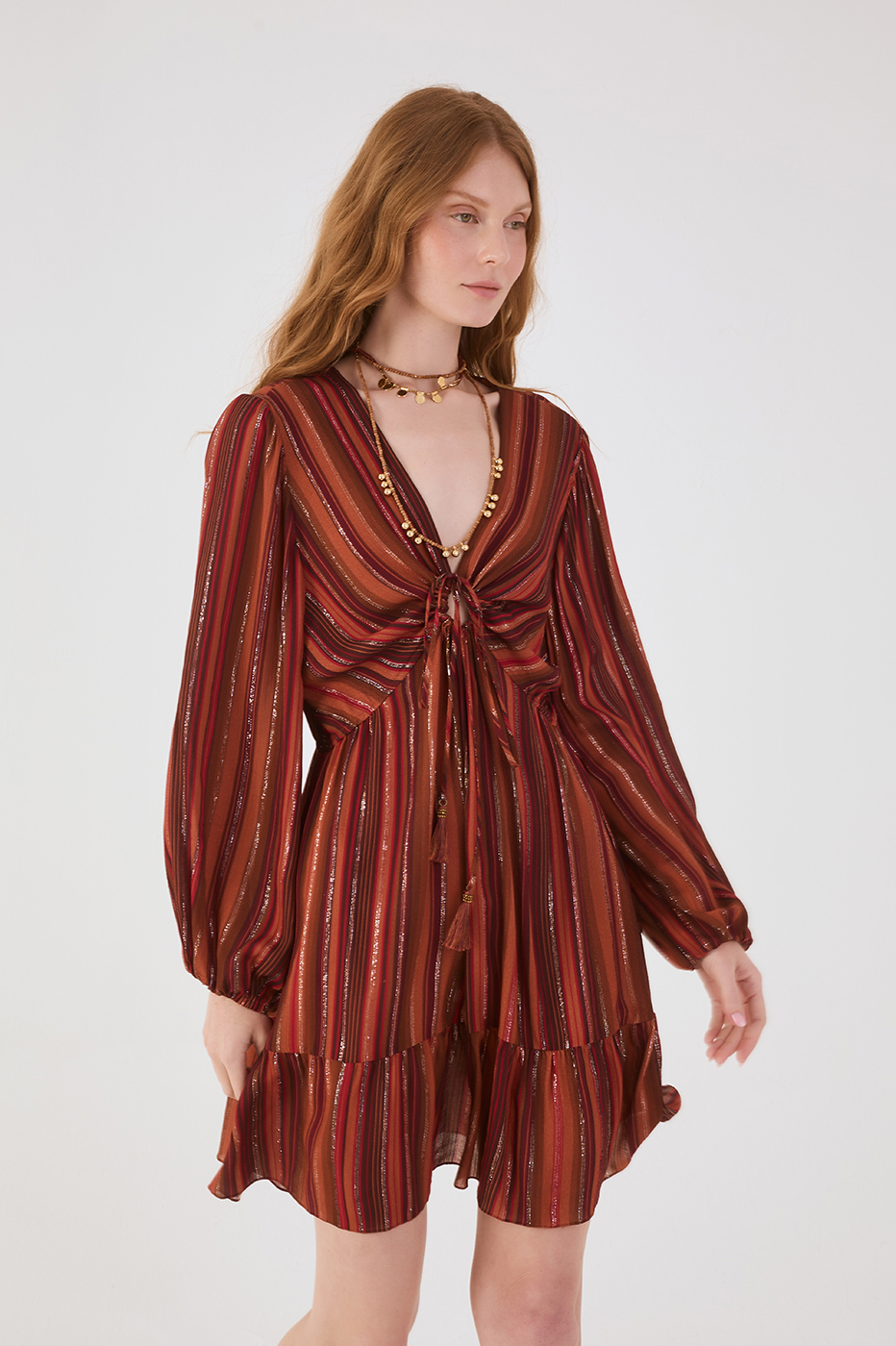 Brown Refugio Lurex Front Knot Puff Sleeve Mini Dress_3