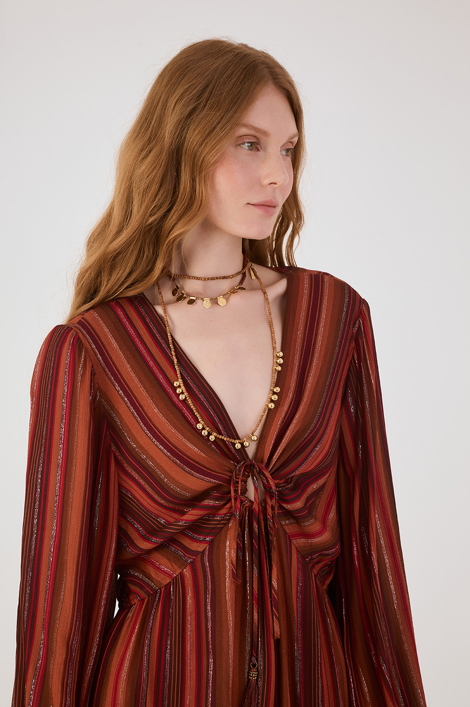 Brown Refugio Lurex Front Knot Puff Sleeve Mini Dress_4