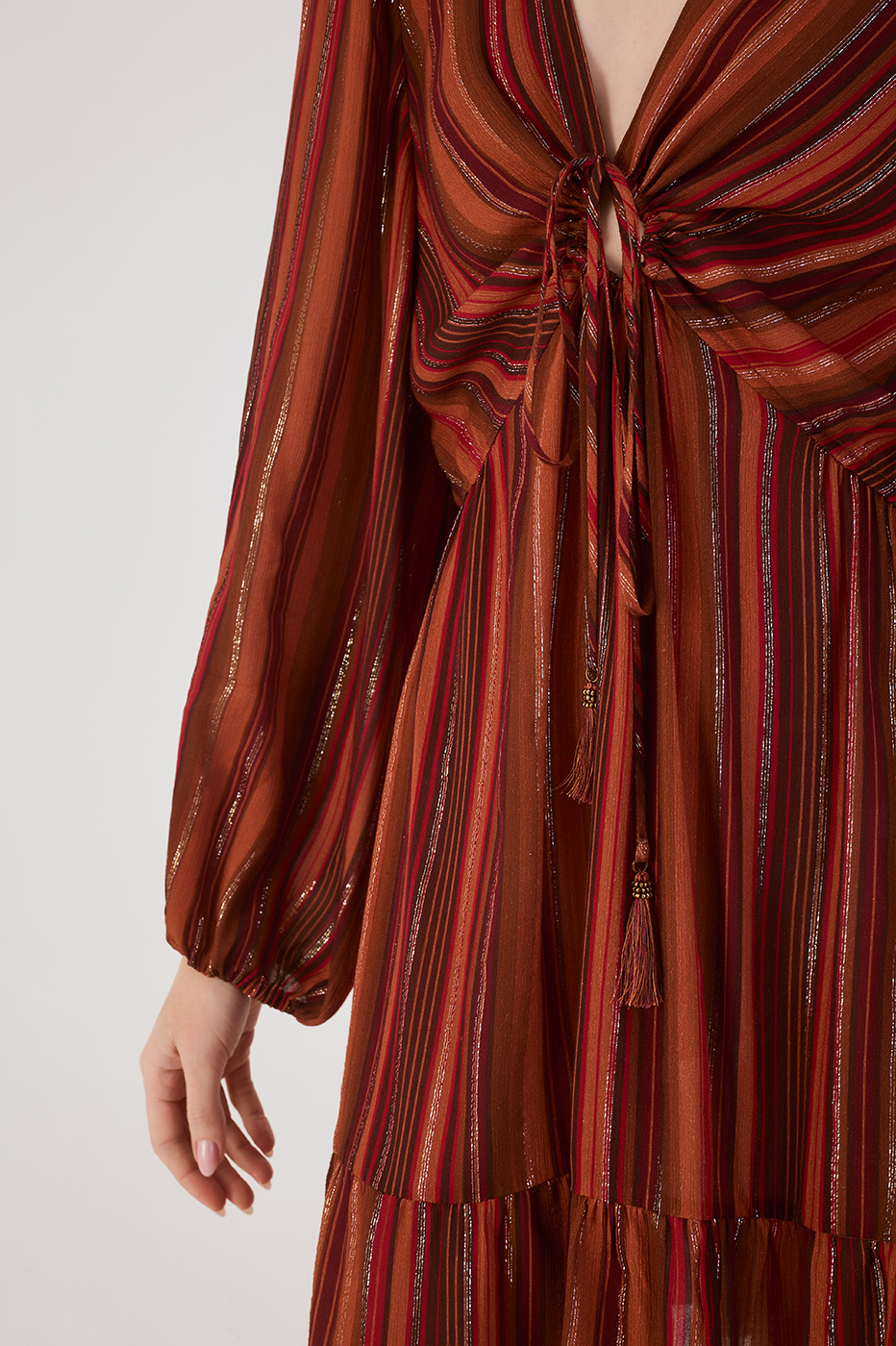 Brown Refugio Lurex Front Knot Puff Sleeve Mini Dress_5