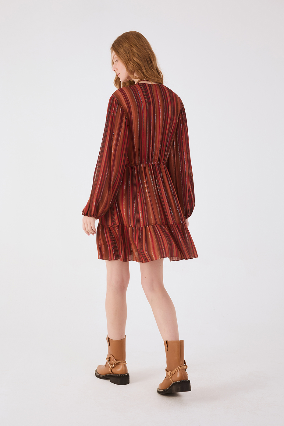 Brown Refugio Lurex Front Knot Puff Sleeve Mini Dress_6