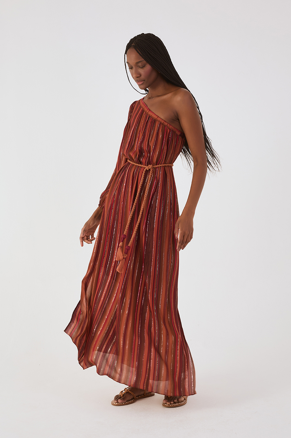 Brown Refugio Lurex Rope Belt One-Shoulder Maxi Dress_2