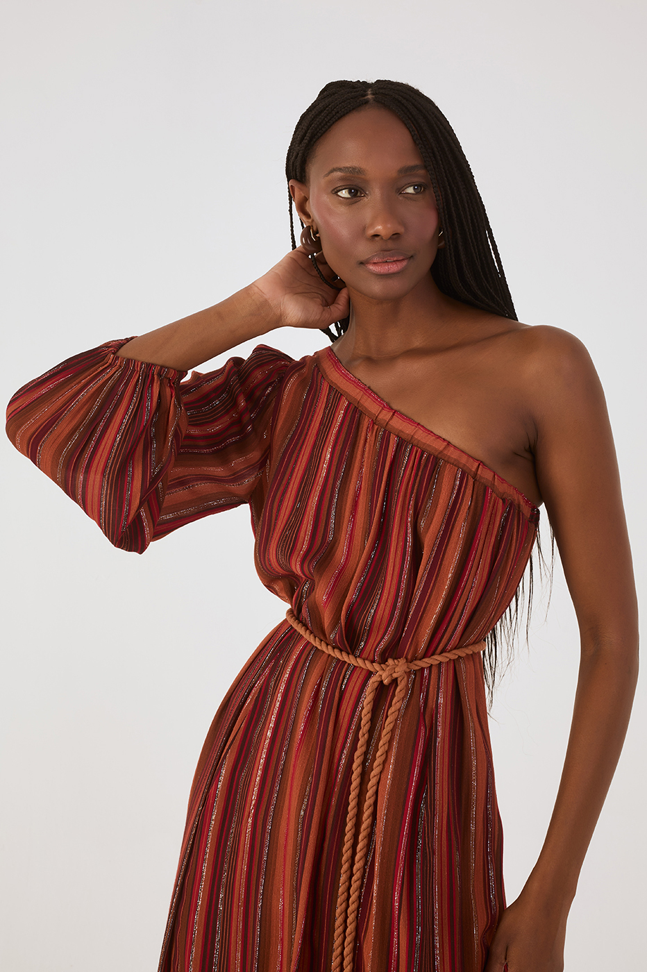 Brown Refugio Lurex Rope Belt One-Shoulder Maxi Dress_3